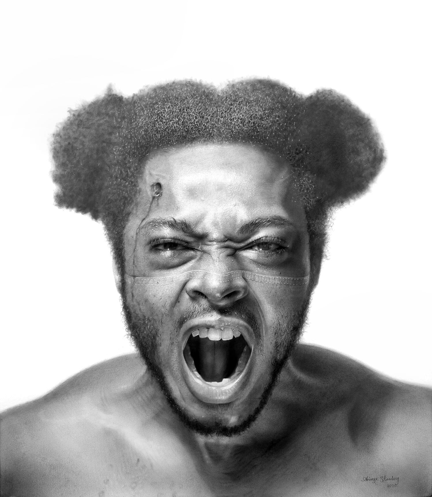 a black and white portrait with a bullet in his head who is yelling