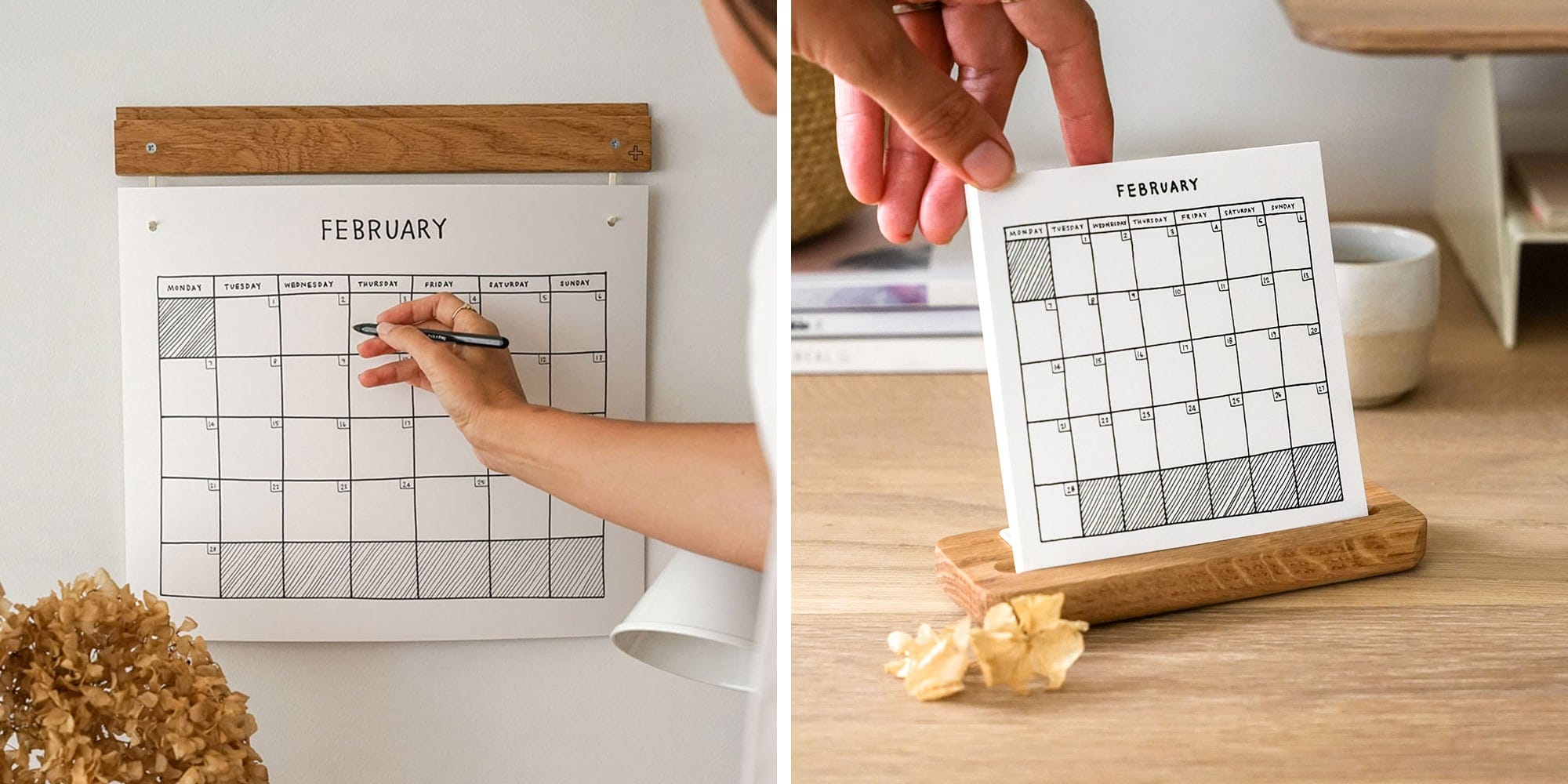 Two photos of hand drawn month calendars