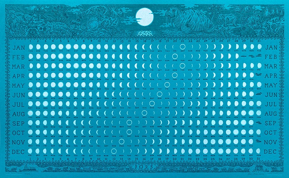 A celestial lunar calendar on blue paper
