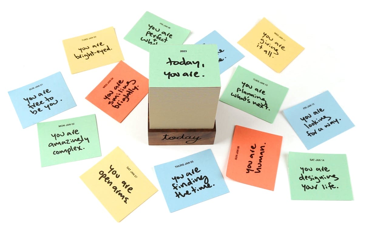 A photo of a stacked calendar with paper scattered