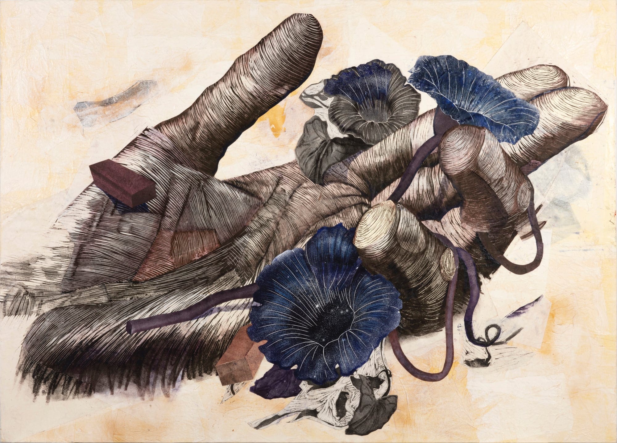 A wood-like rendering of an upturned hand holding blue flowers