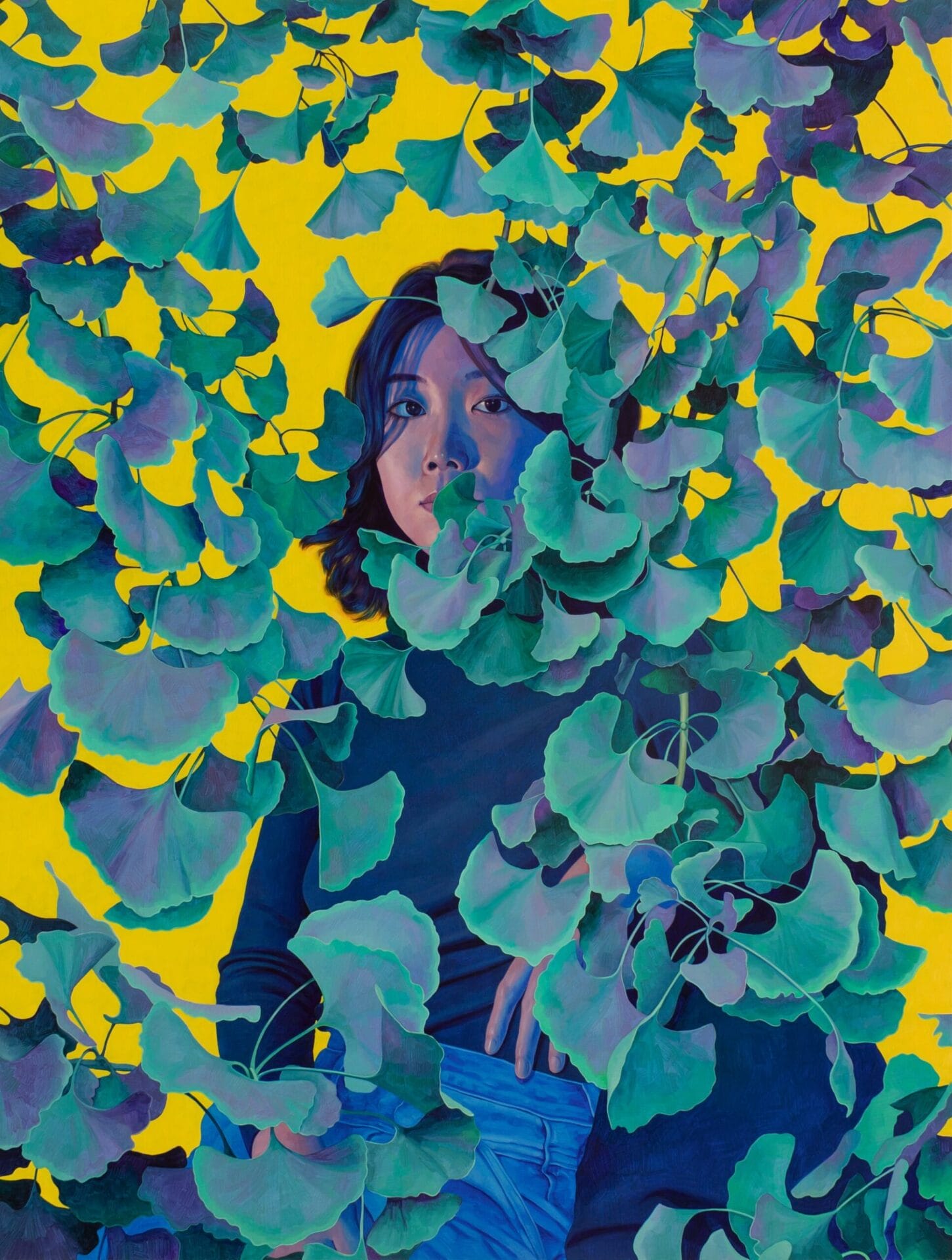 a lush painting of a woman peeking through green foliage