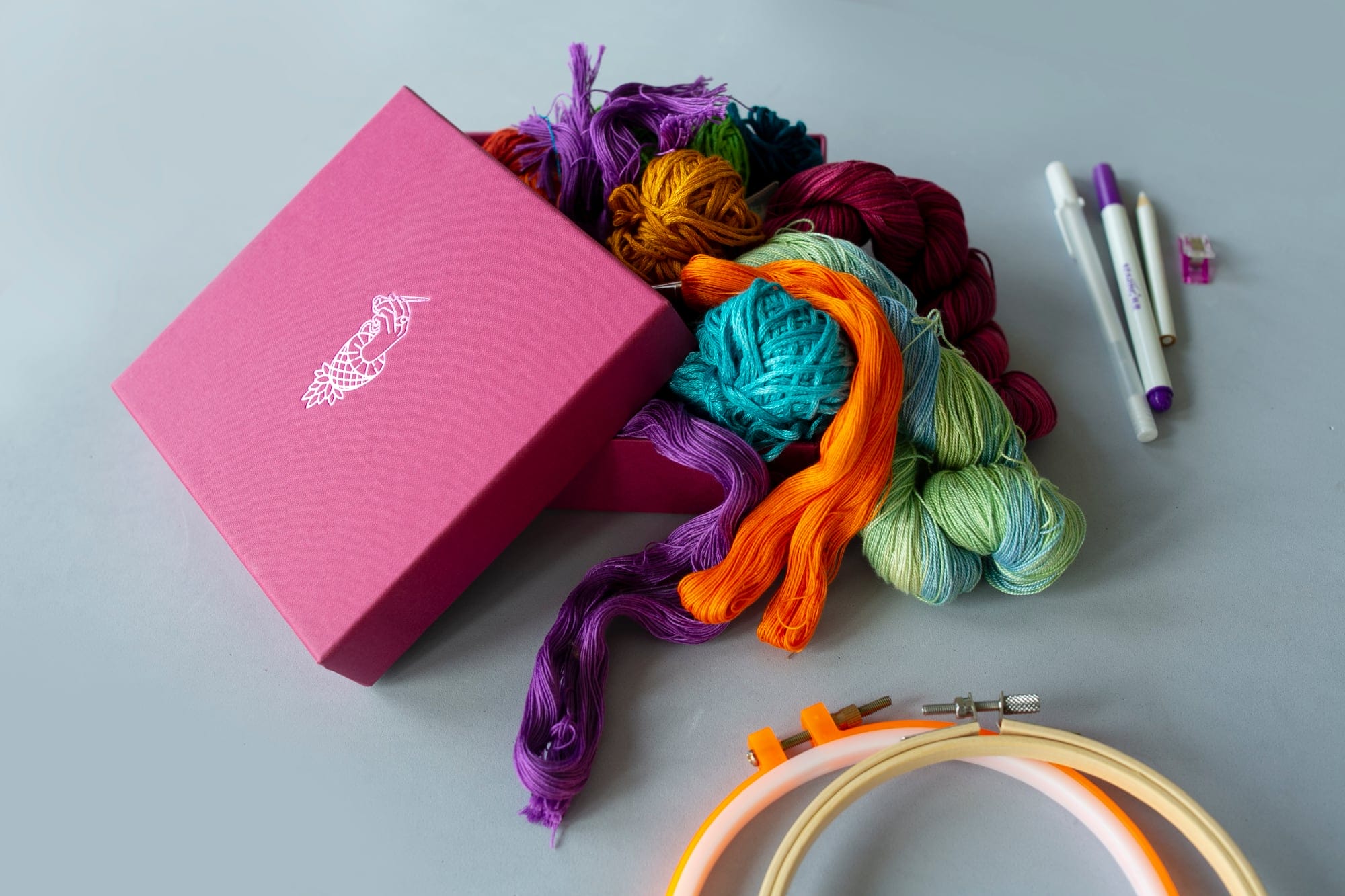 A kit with thread, pens, and hoops