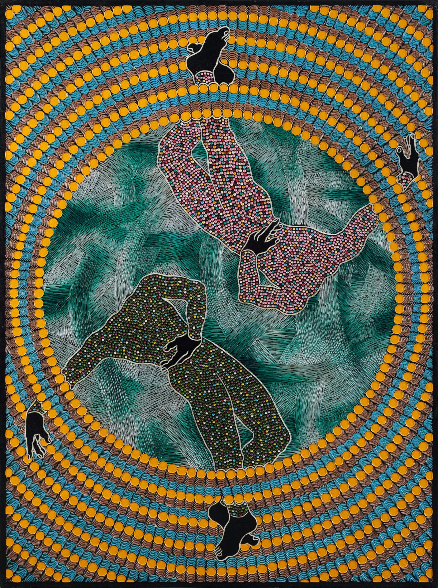 An abstract painting carved from wood with geometric patterns and two headless figures.