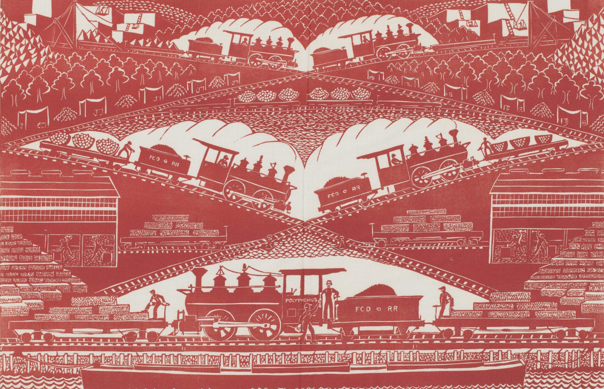 symmetrically designed patterns depicting railroads and trains