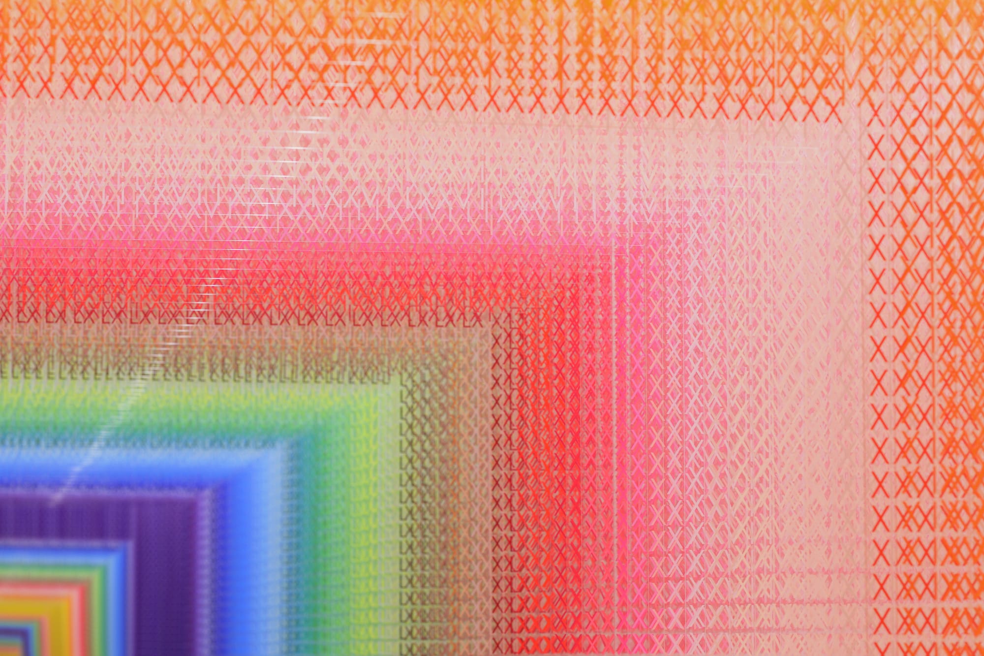 A rainbow-like gradient of Roman numerals installed in a corridor. The colors change from purple to blue to green to orange to pink.