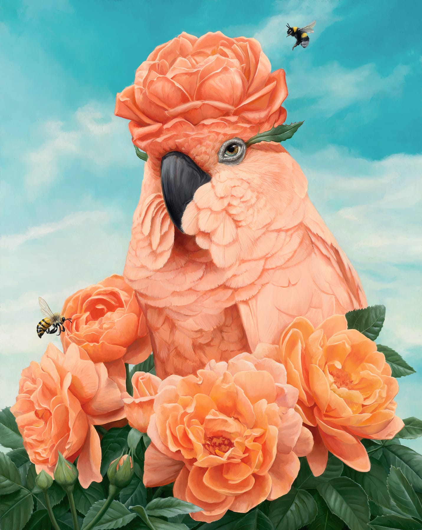 a pink bird with large black beak has a flower atop its head wiht bees surrounding it