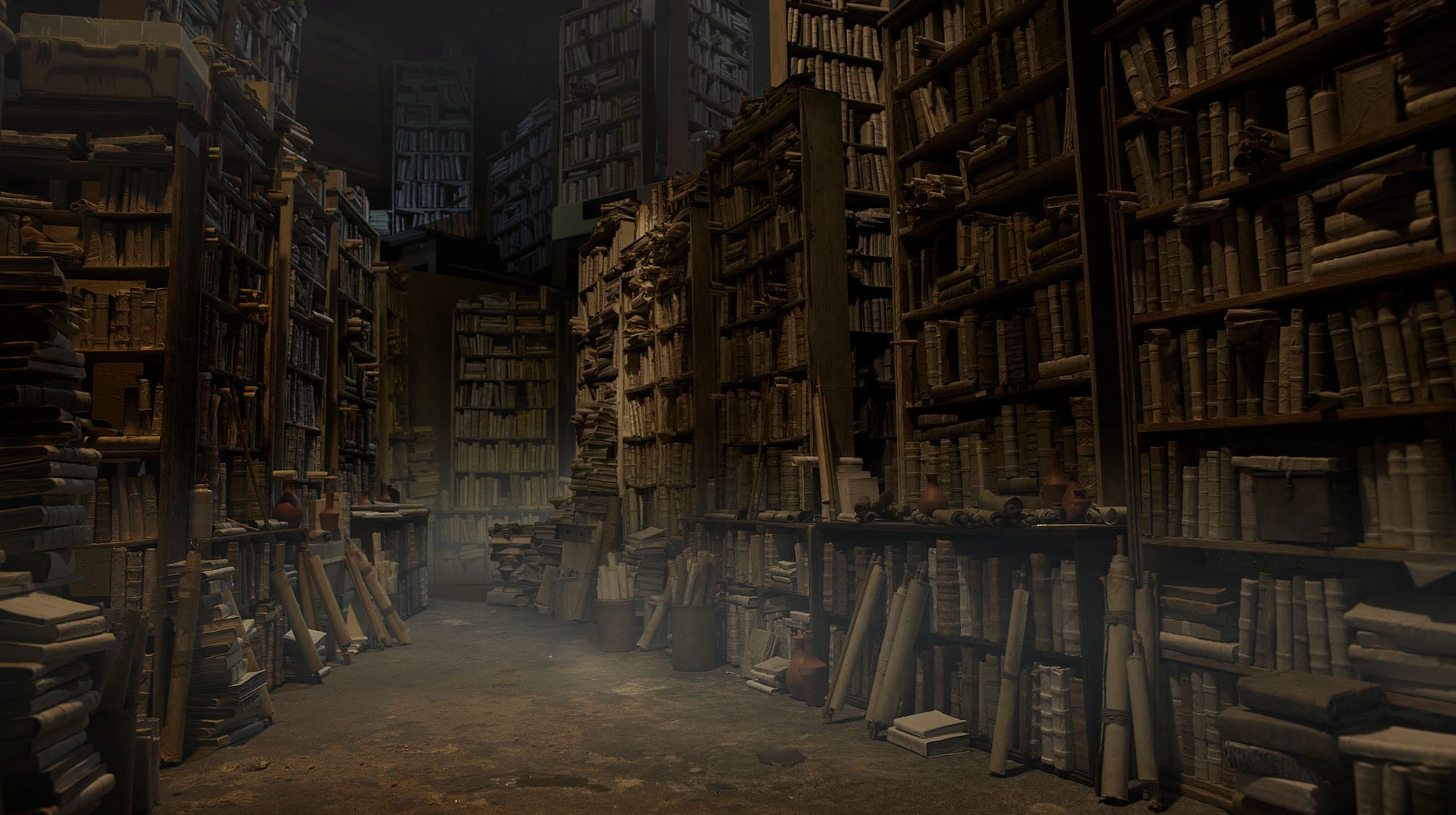 In a dark, dusty room, hundreds of books and scrolls fill the shelves of an old library.