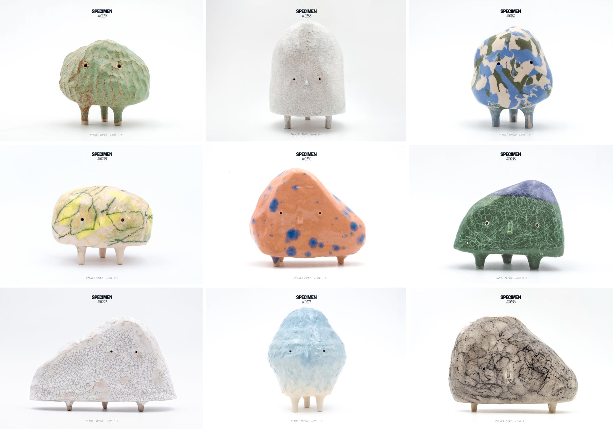a grid of nine images of colorful, ceramic characters shaped like rocks with legs