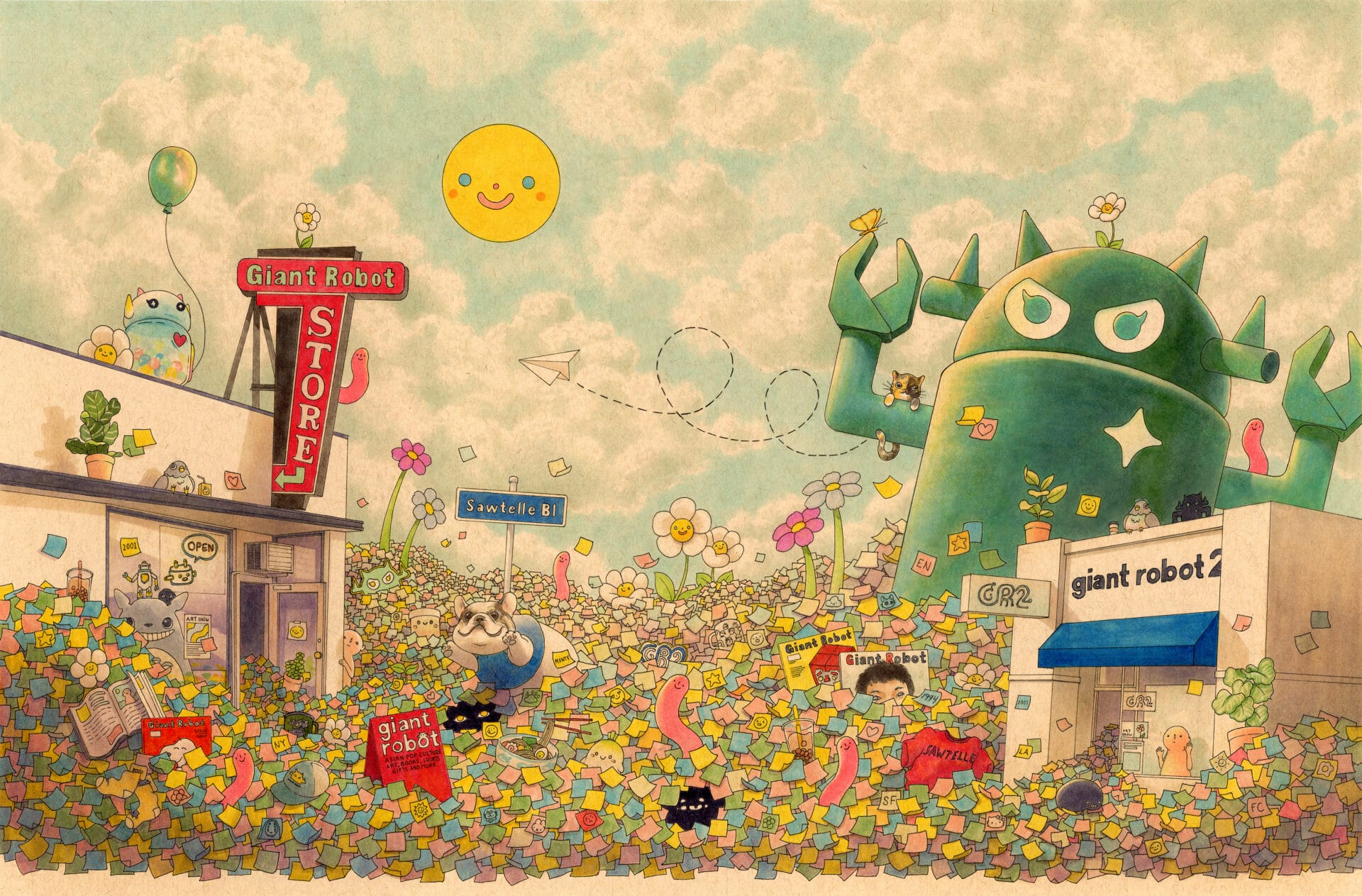A landscape featuring a sea of many small, multicolored papers, a building named "Giant Robot Store" and a giant green robot.