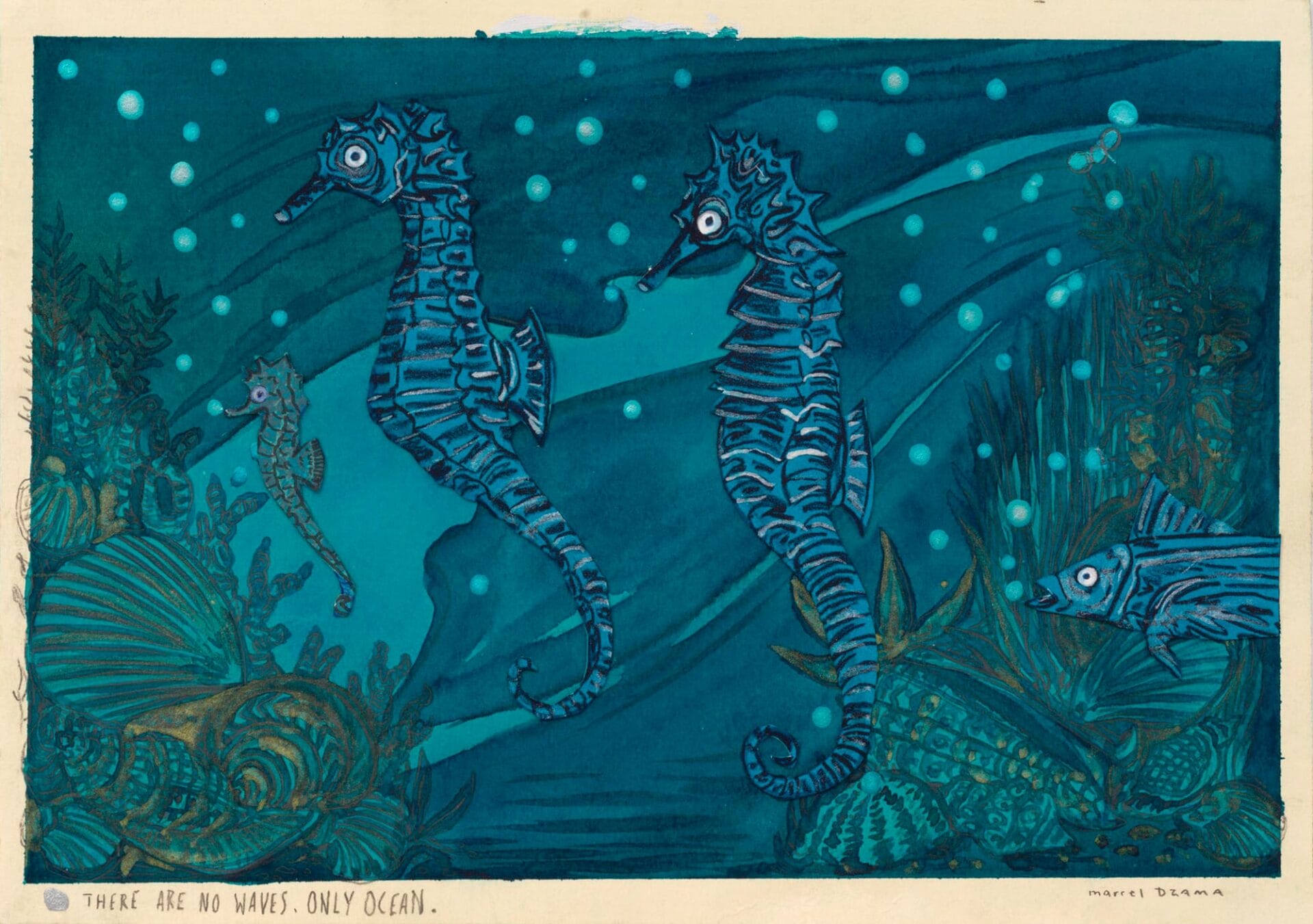 two blue seahorses swim underwater surrounded by fish and plants