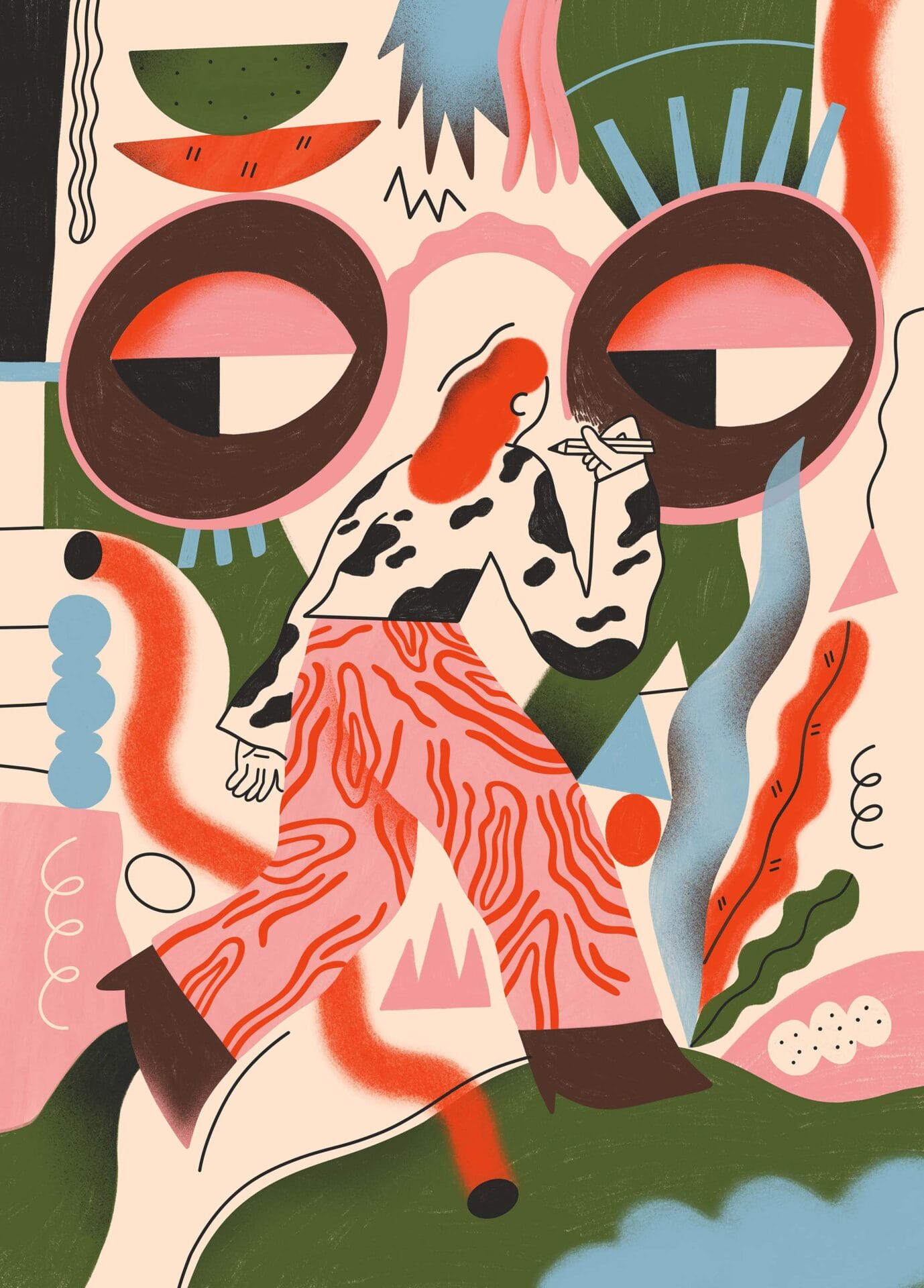 A figure wearing pink patterned pants and a cow print shirt walks toward the right, with two eyes in the background looking.
