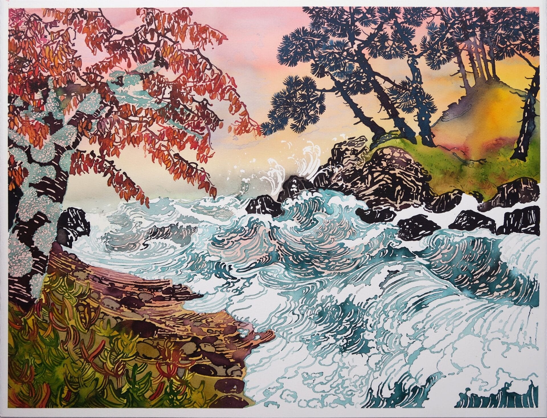 an oil and ink painting of trees and a rocky coastline with waves rushing in against the shore