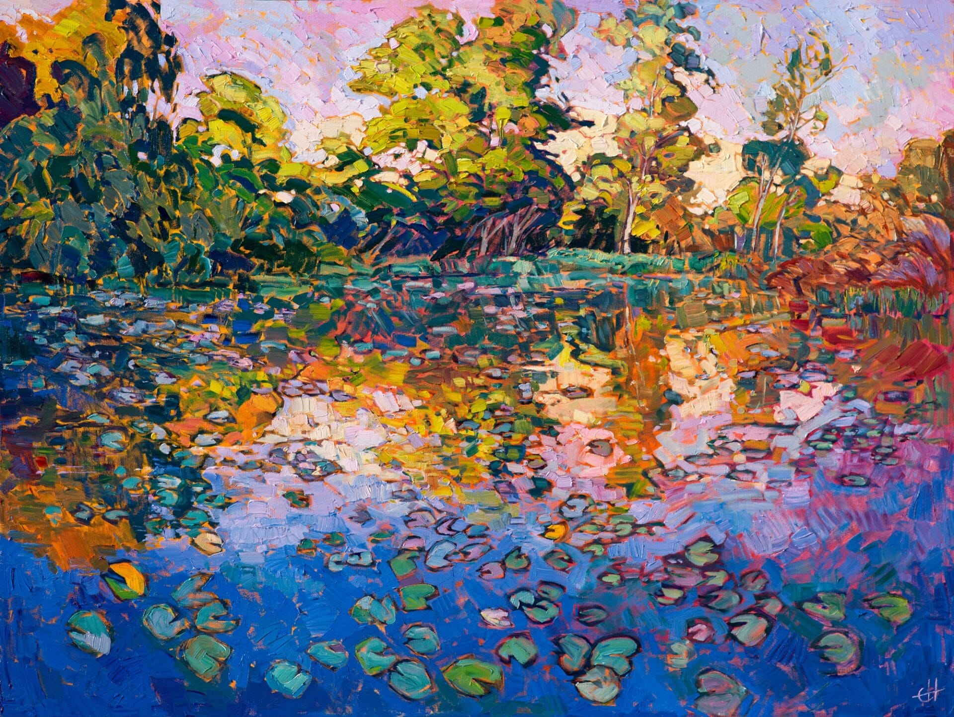 an impressionistic oil painting of a pond with numerous waterlilies and trees at the golden hour