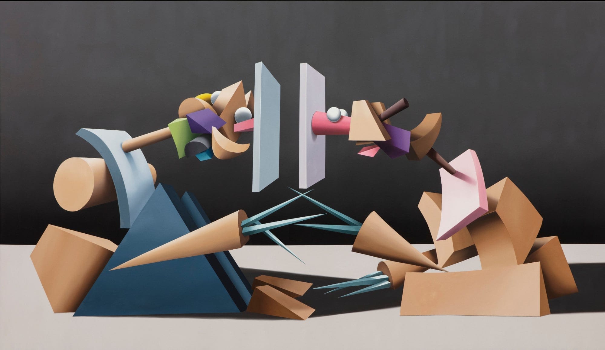 an abstract portrait of two figures painted chunky, colorful shapes