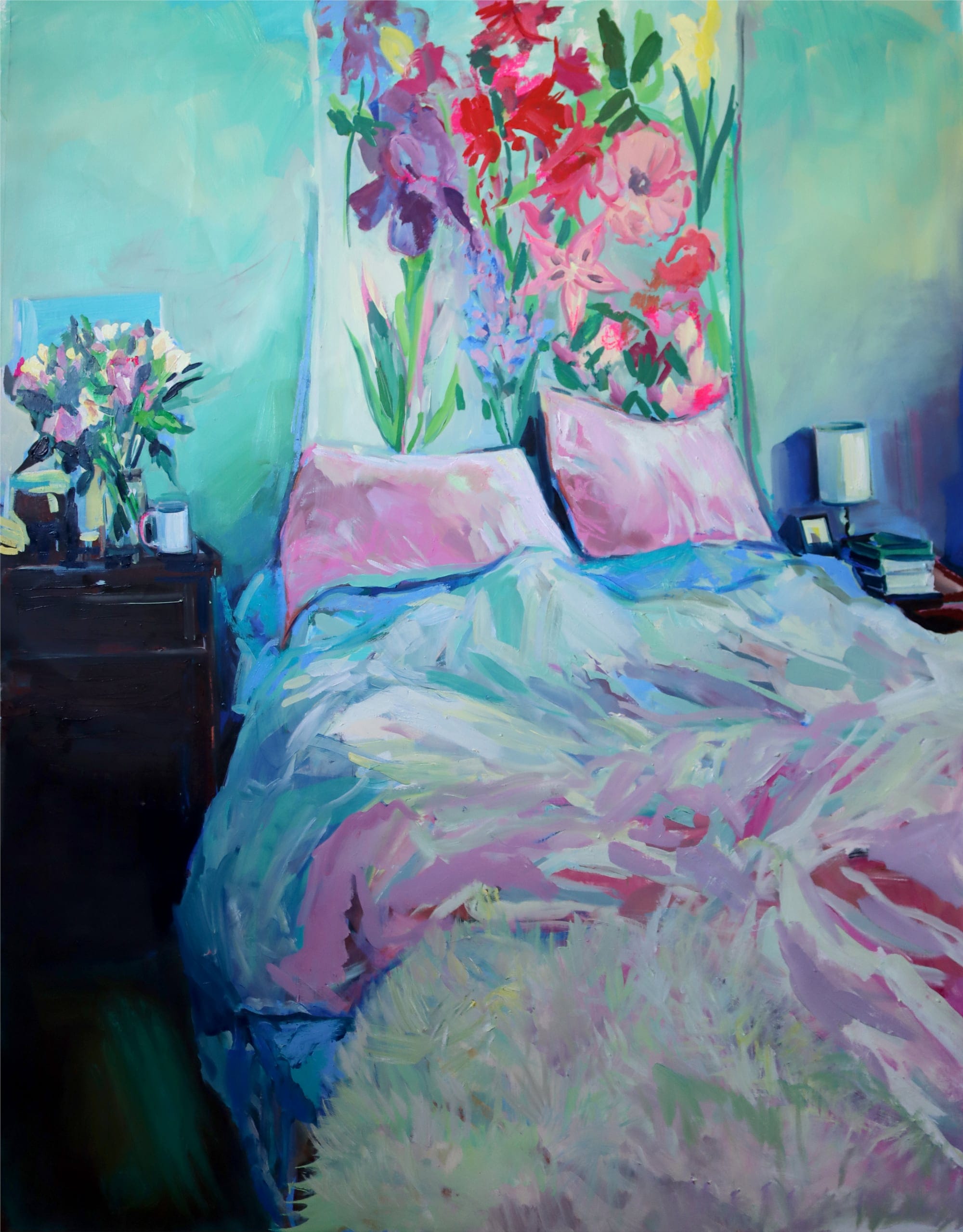 an impressionistic oil painting of a bed with pink pillows and pink and blue bedding. a flower work hangs above it with a bouquet on the bedside table