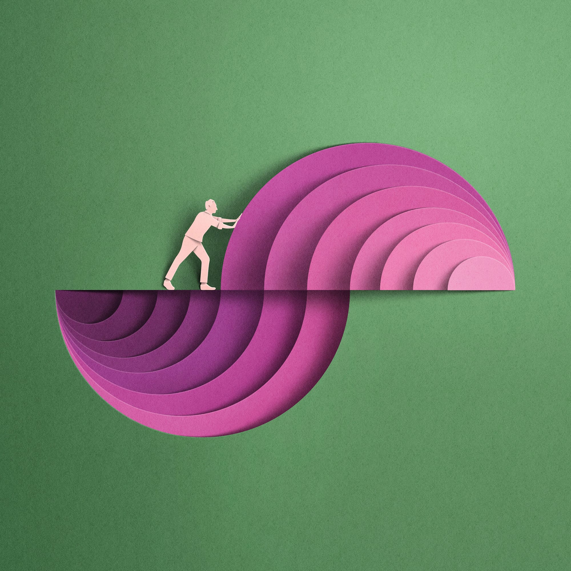 a paper-like textured illustration of a small figure pushing against concentric semi-circles. the figure stands upon the reflected perspective of the semi-circle.