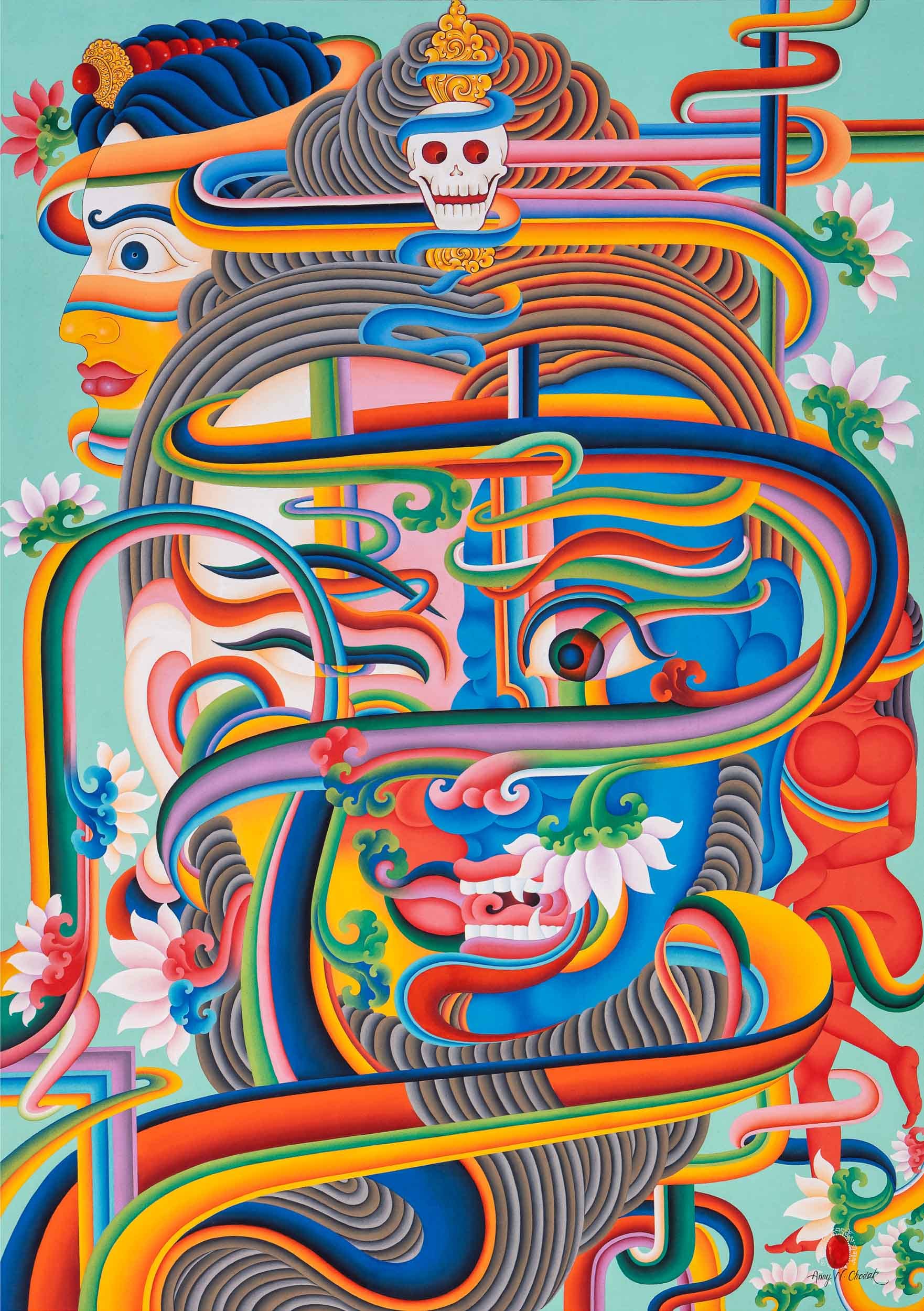 a surreal work with vivid stripes and various facial components
