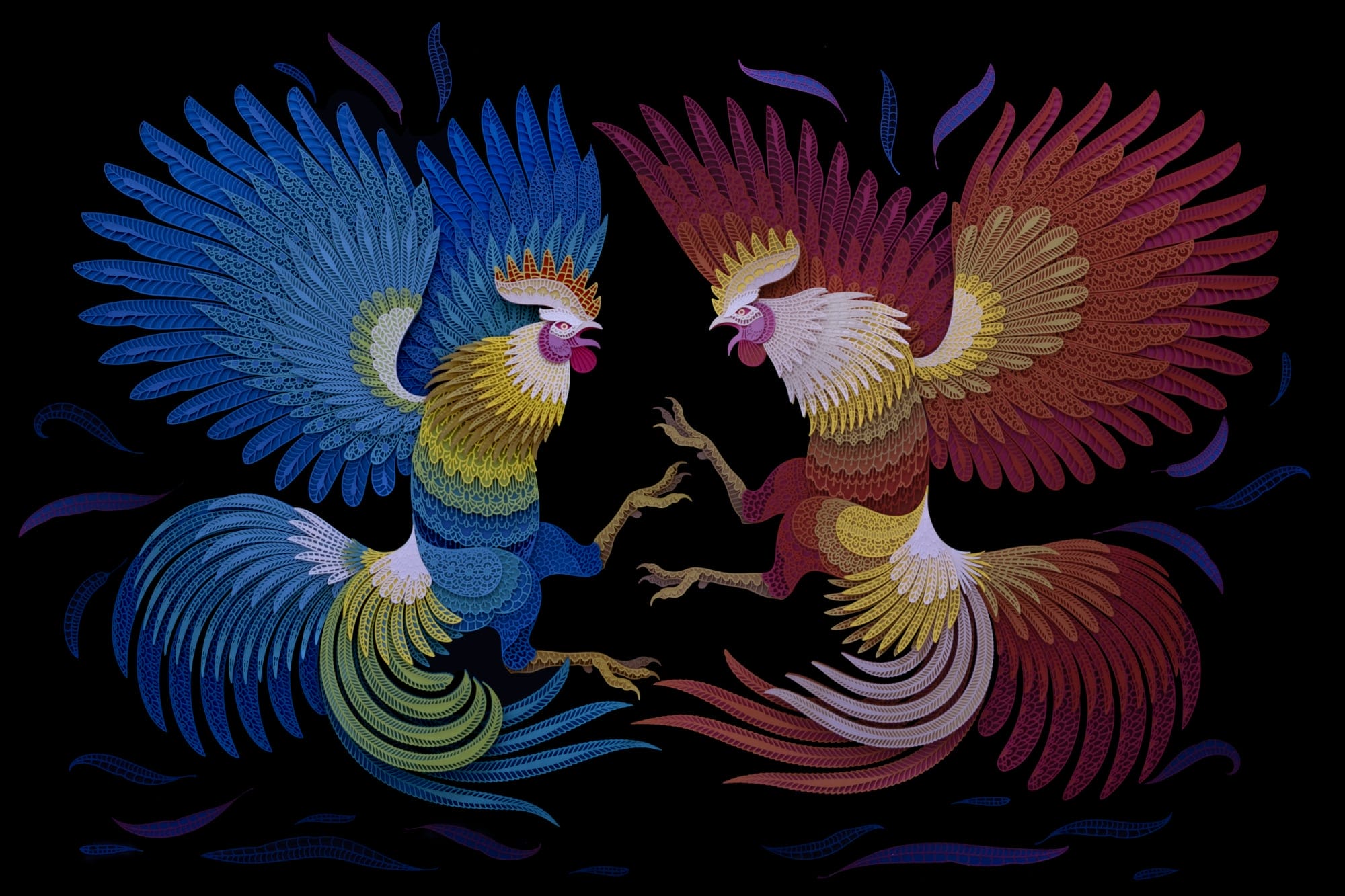 two paper roosters in the middle of a fight. the one on the left is rendered in blue. the one on the right is red