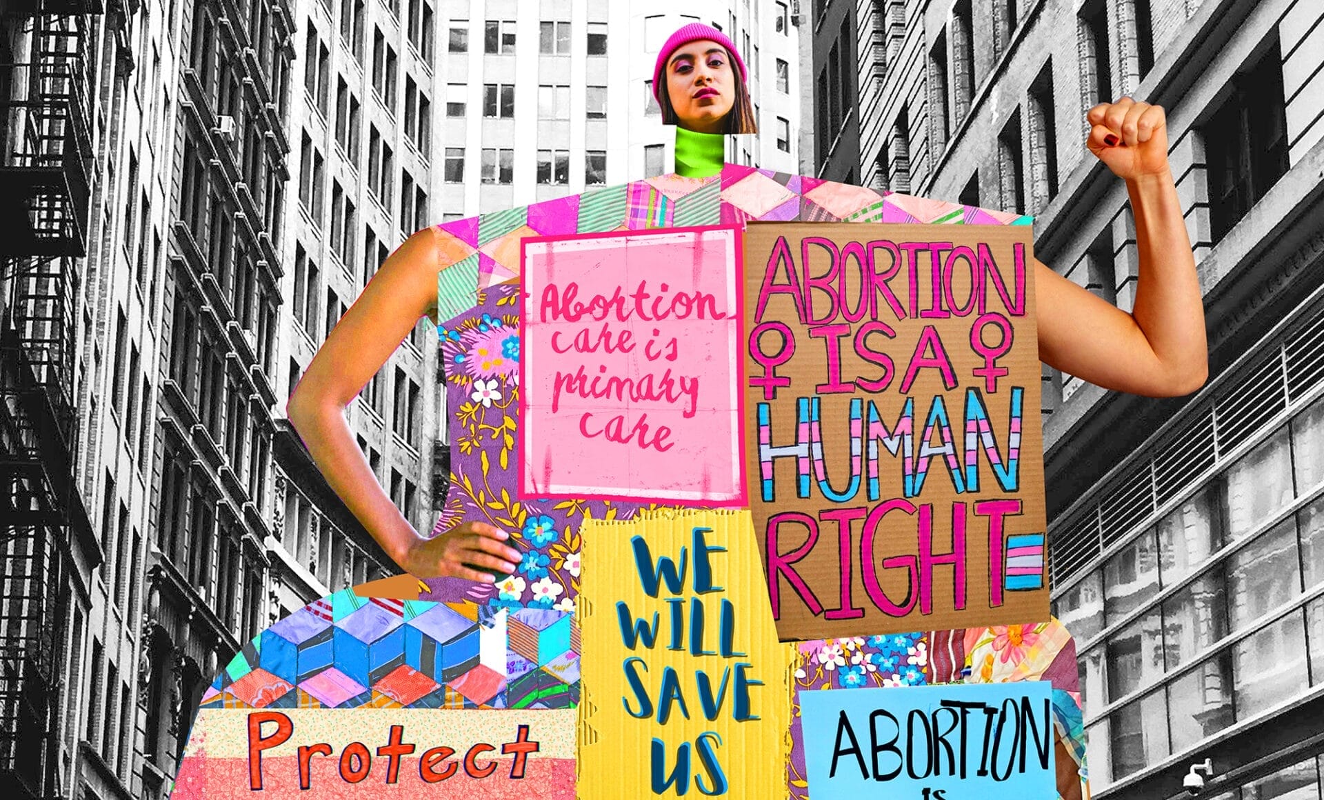 a detail of a a collage of an exaggeratedly tall woman on a skateboard, moving through a black-and-white background of New York City, with an abstract dress on made of pro-abortion rights signs