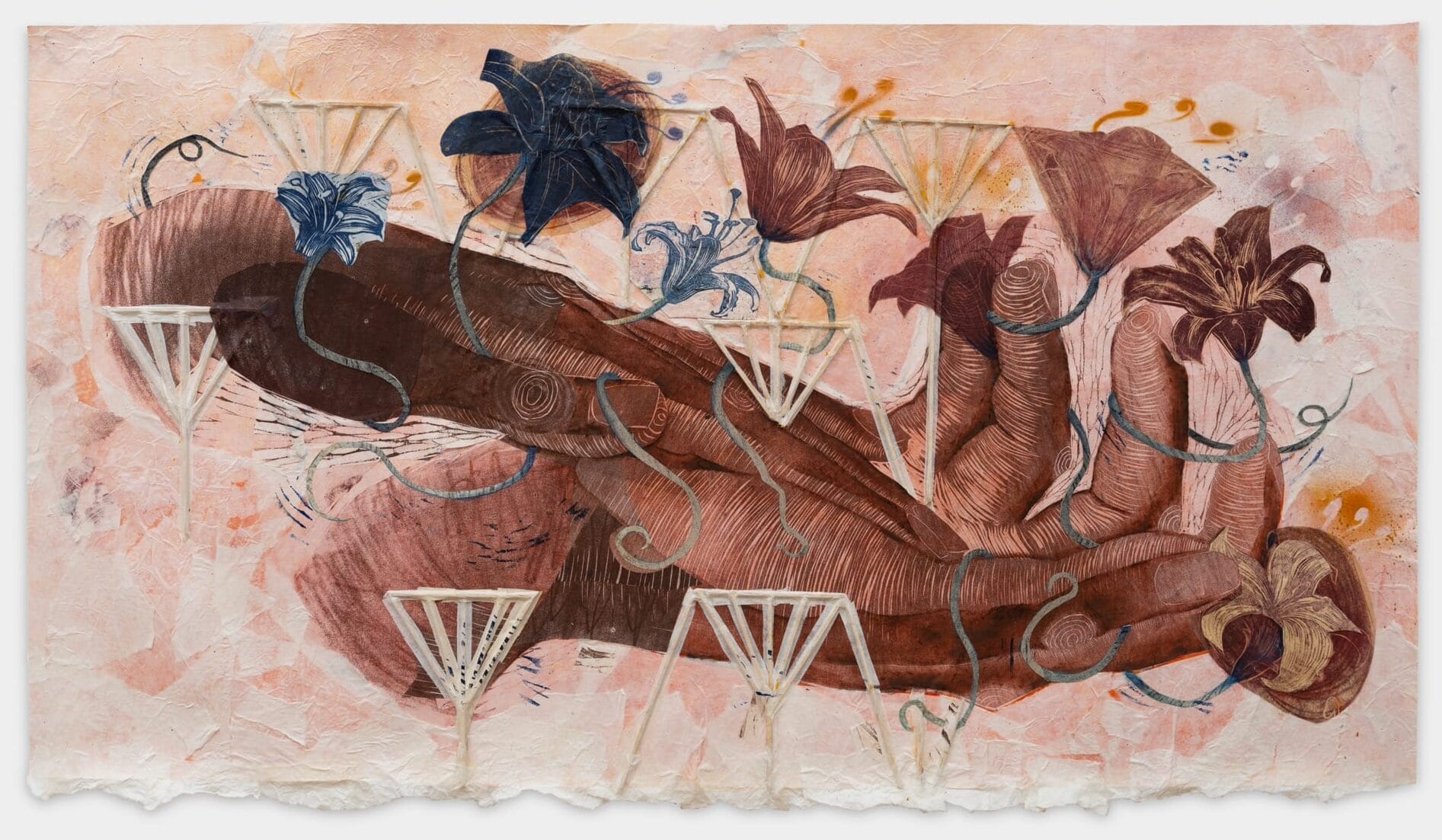 a mixed-media collage of two Black hands holding a selection of blue wildflowers