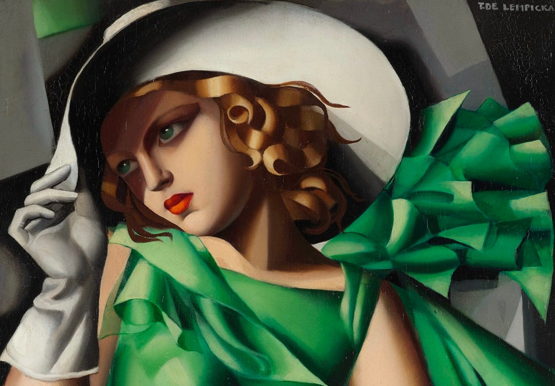 a well-known portrait of a woman rendered in Art Deco style, wearing a green dress and a white hat and gloves