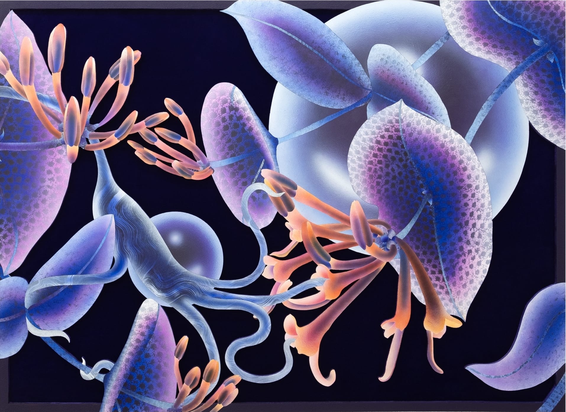 a painting on wood and black velvet of otherworldly purplish-blue flowers with bright orange stamens
