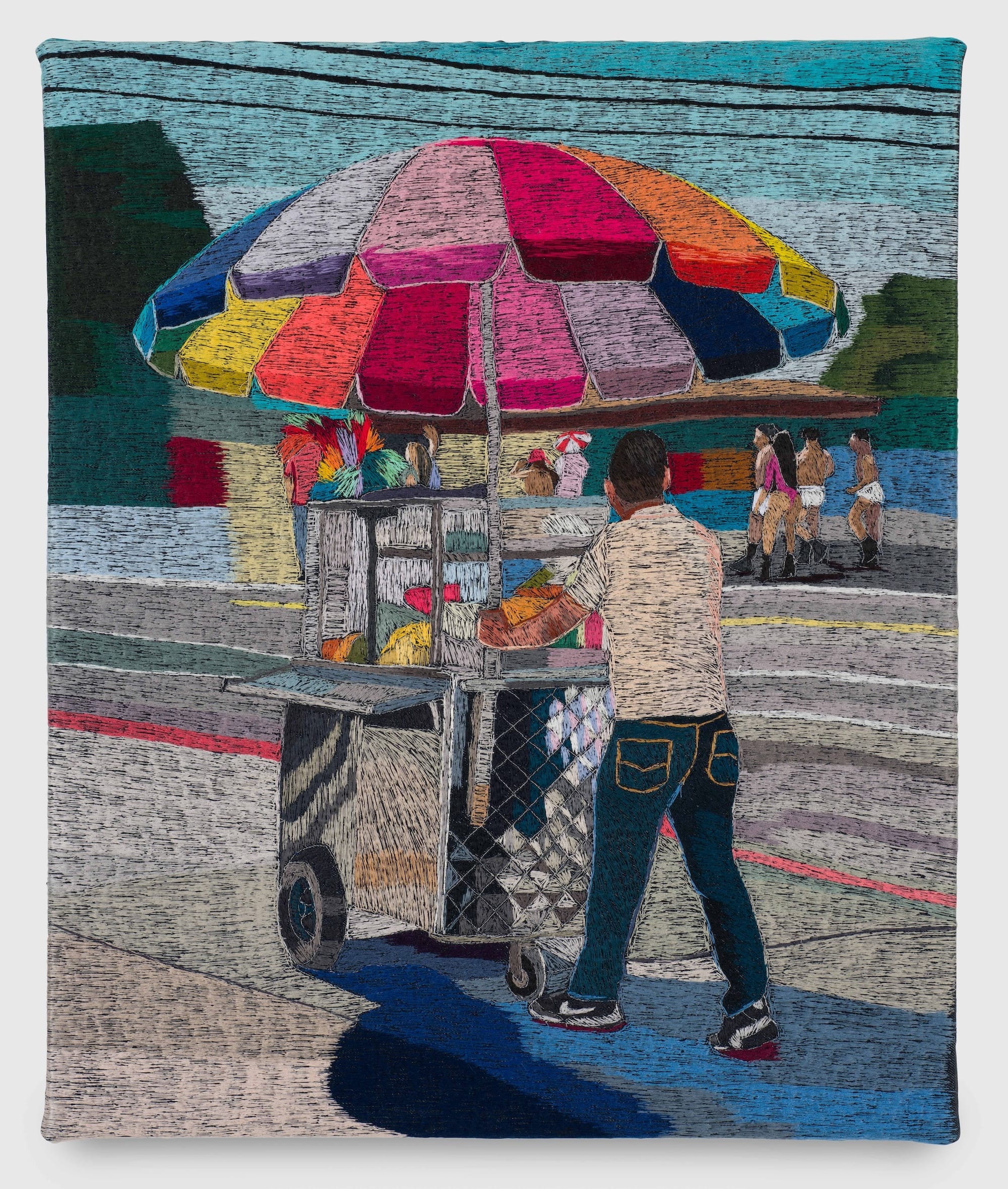 a machine-embroidered composition depicting a man rolling a fresh fruit cart with a brightly colored umbrella along the street