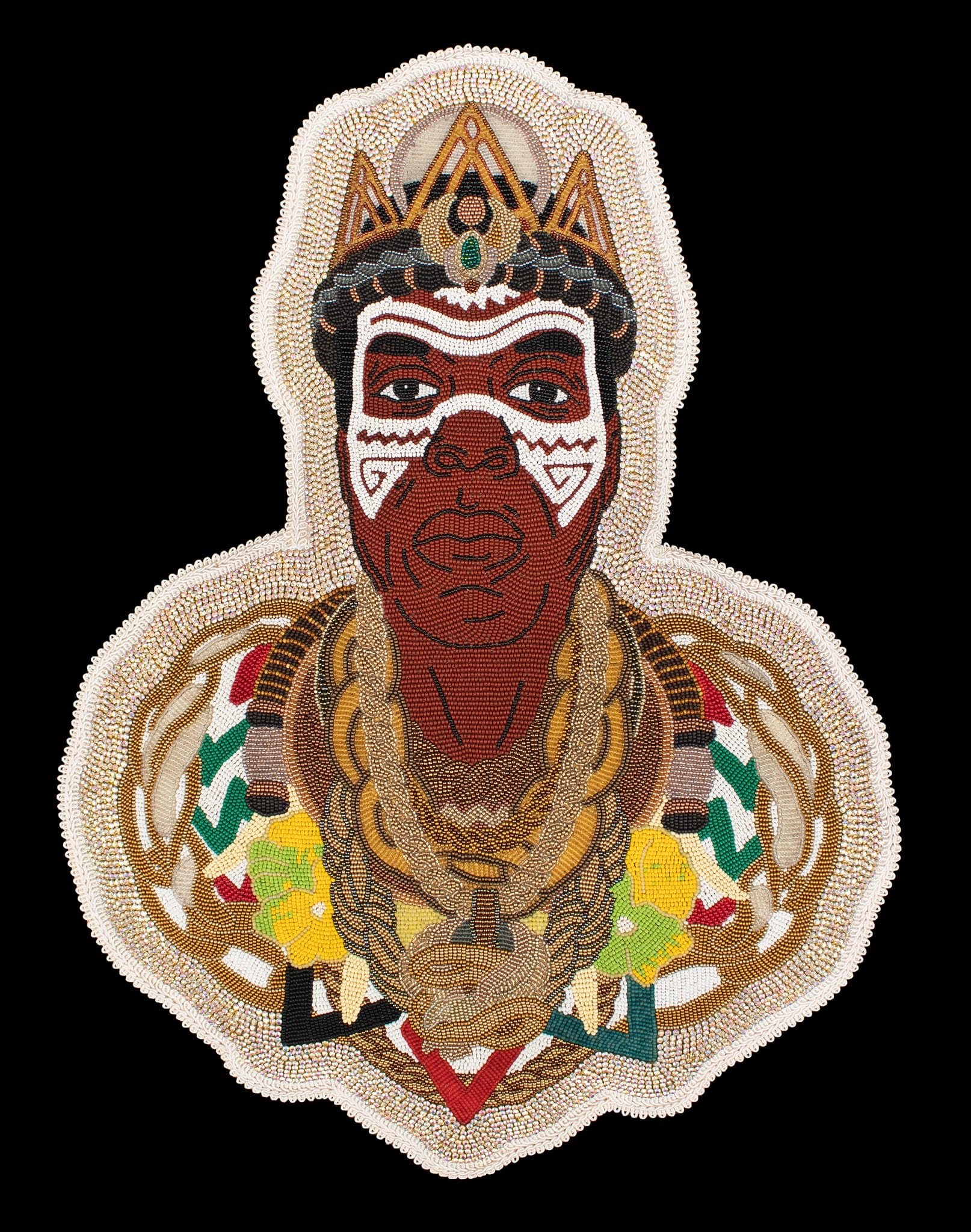 a beaded portrait of a Black man wearing a crown and various necklaces