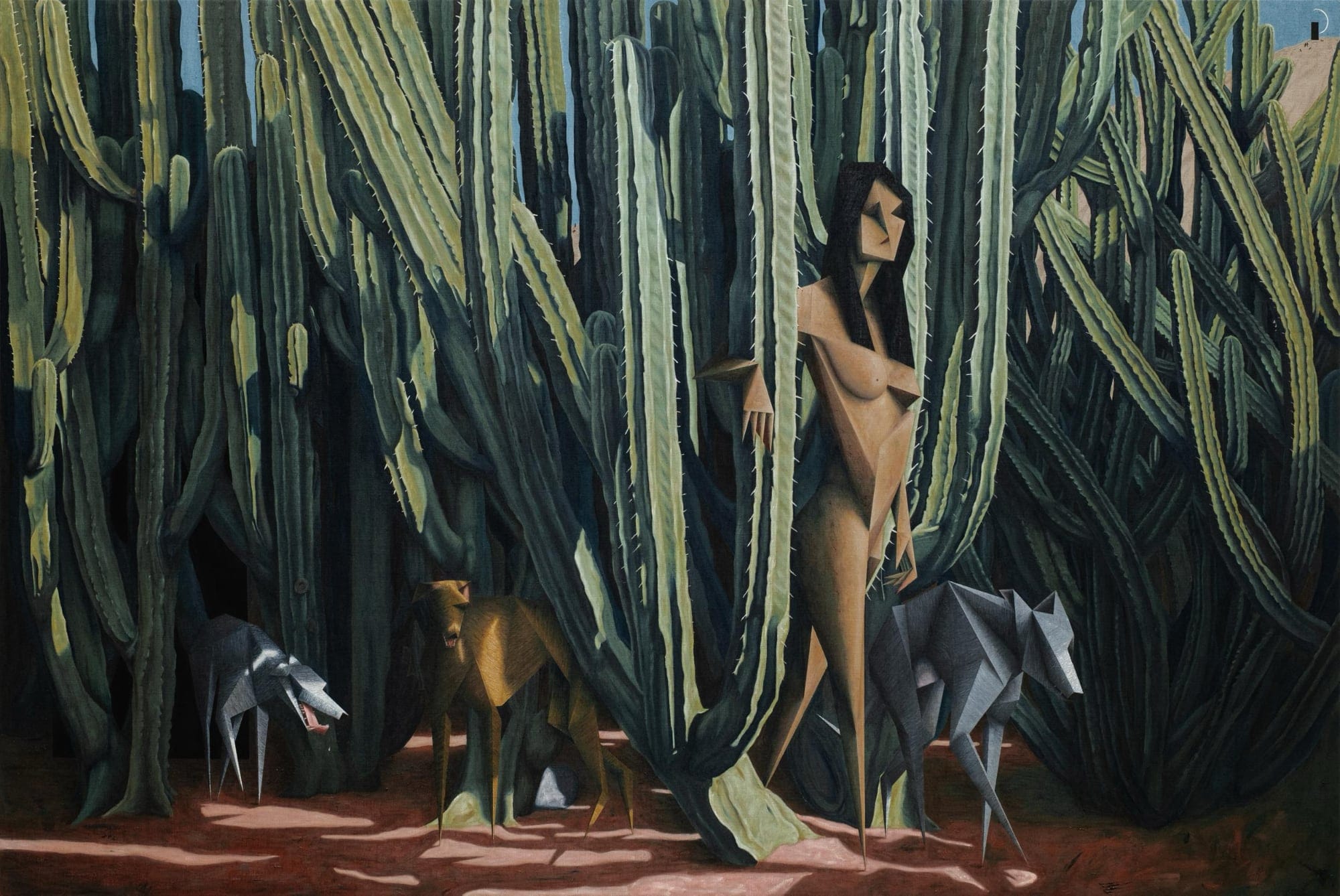 a nude woman wanders through cacti while dogs surround her