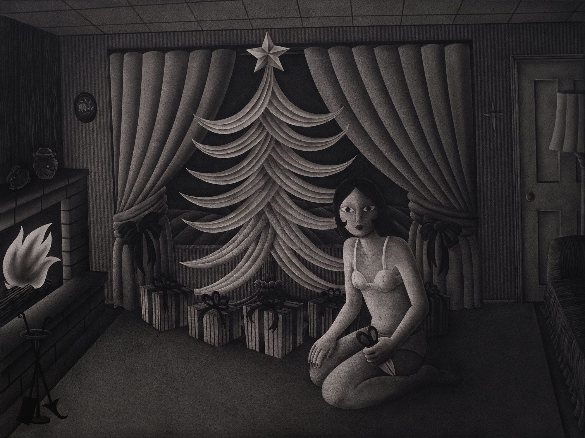 a black-and-white acrylic painting of a young woman in her living room with a pair of scissors, kneeling next to a Christmas tree with presents underneath it