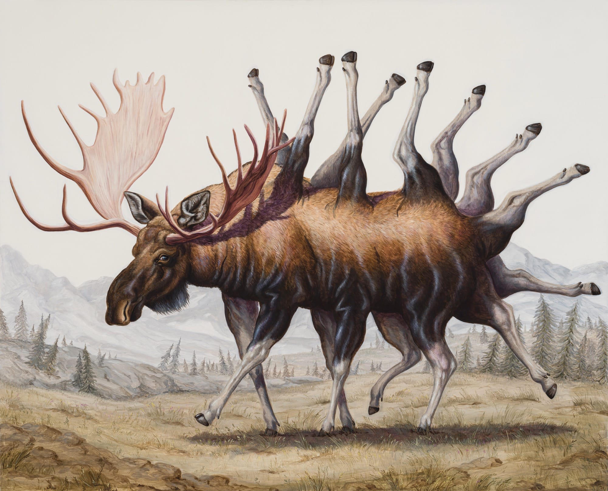 an oil painting of a moose with numerous additional legs on its back and rear