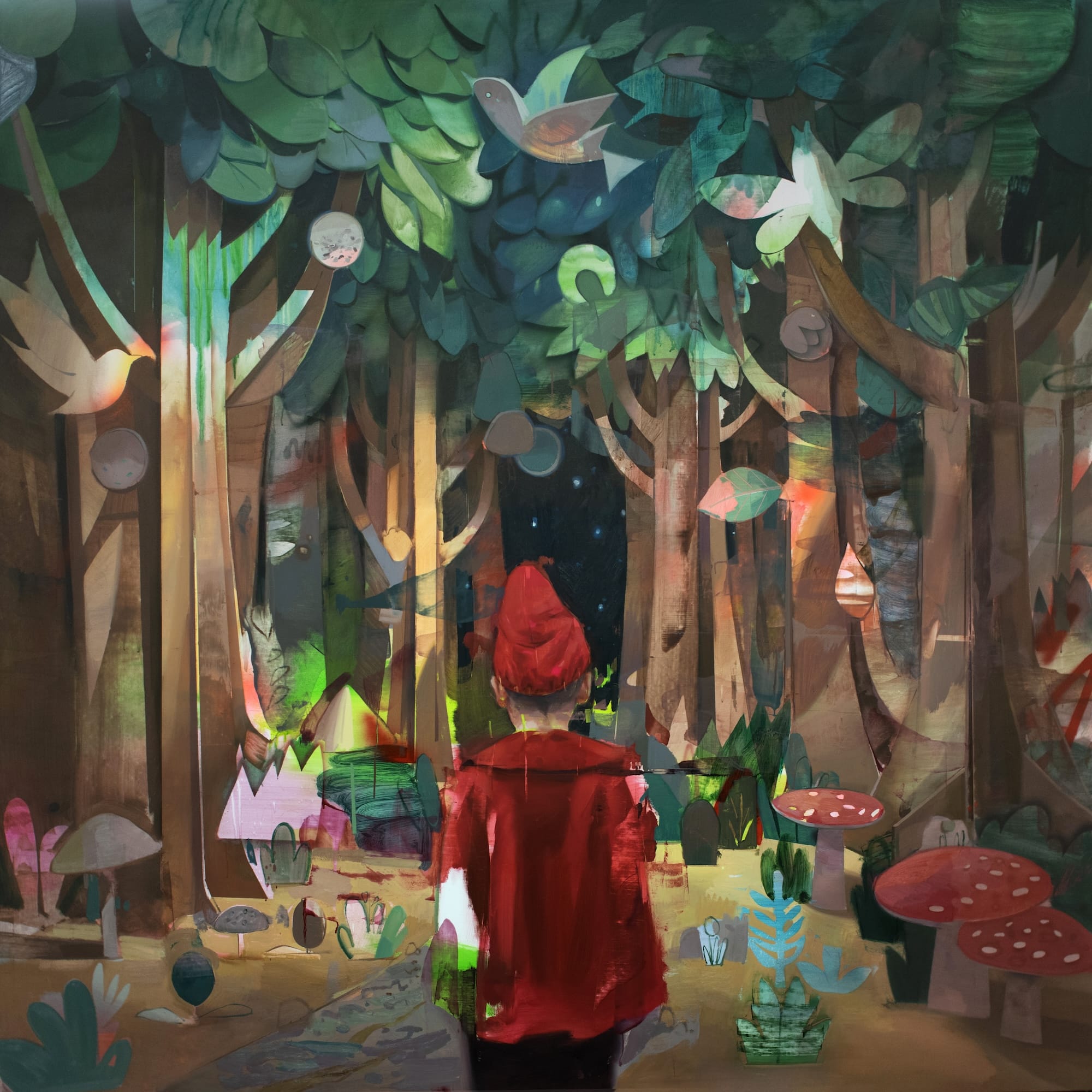 a square-format oil painting featuring a child wearing red and facing away from the viewer into a forest