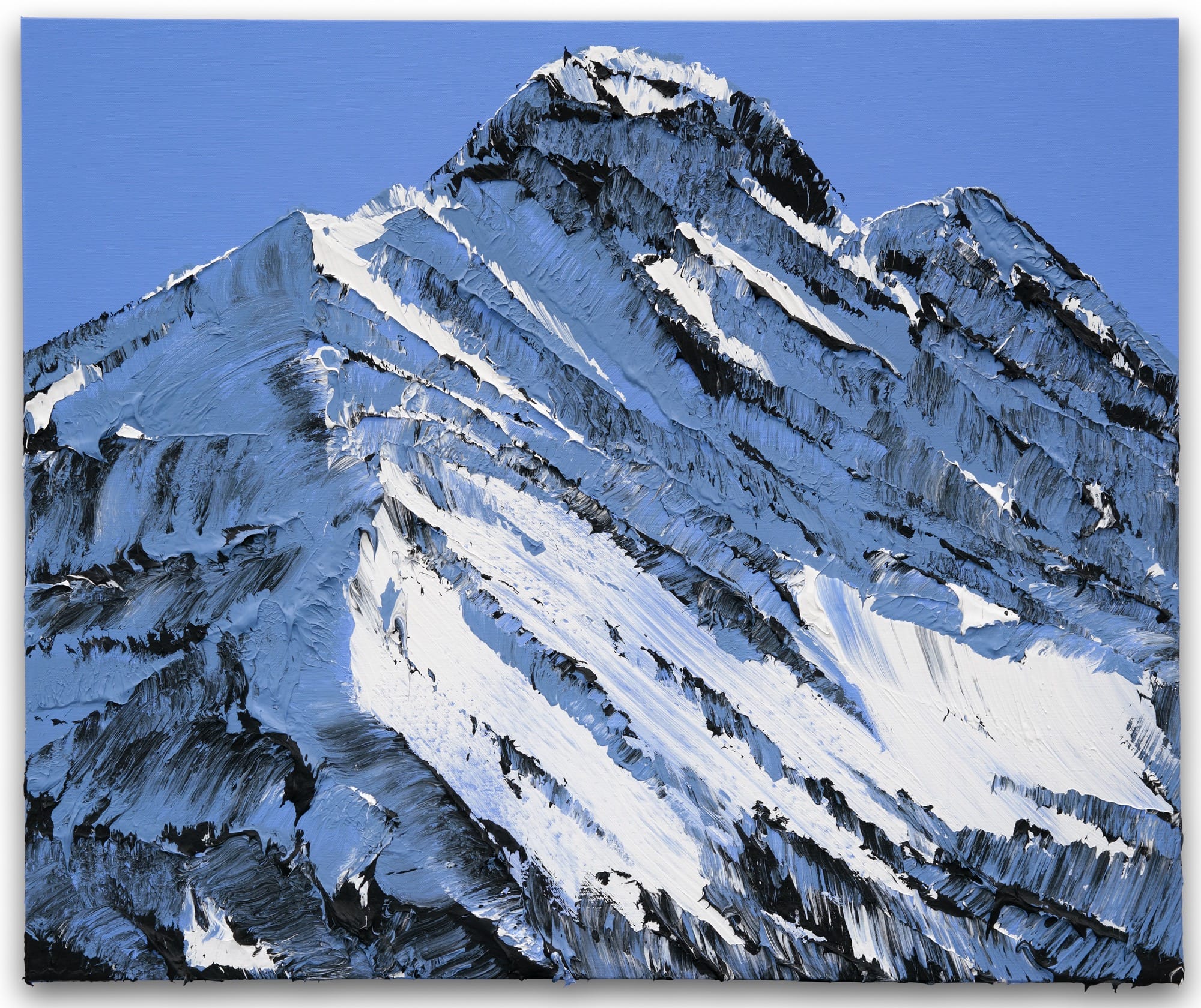 an acrylic painting made using thick textures to create a loose and painterly portrayal of a snow-covered mountain