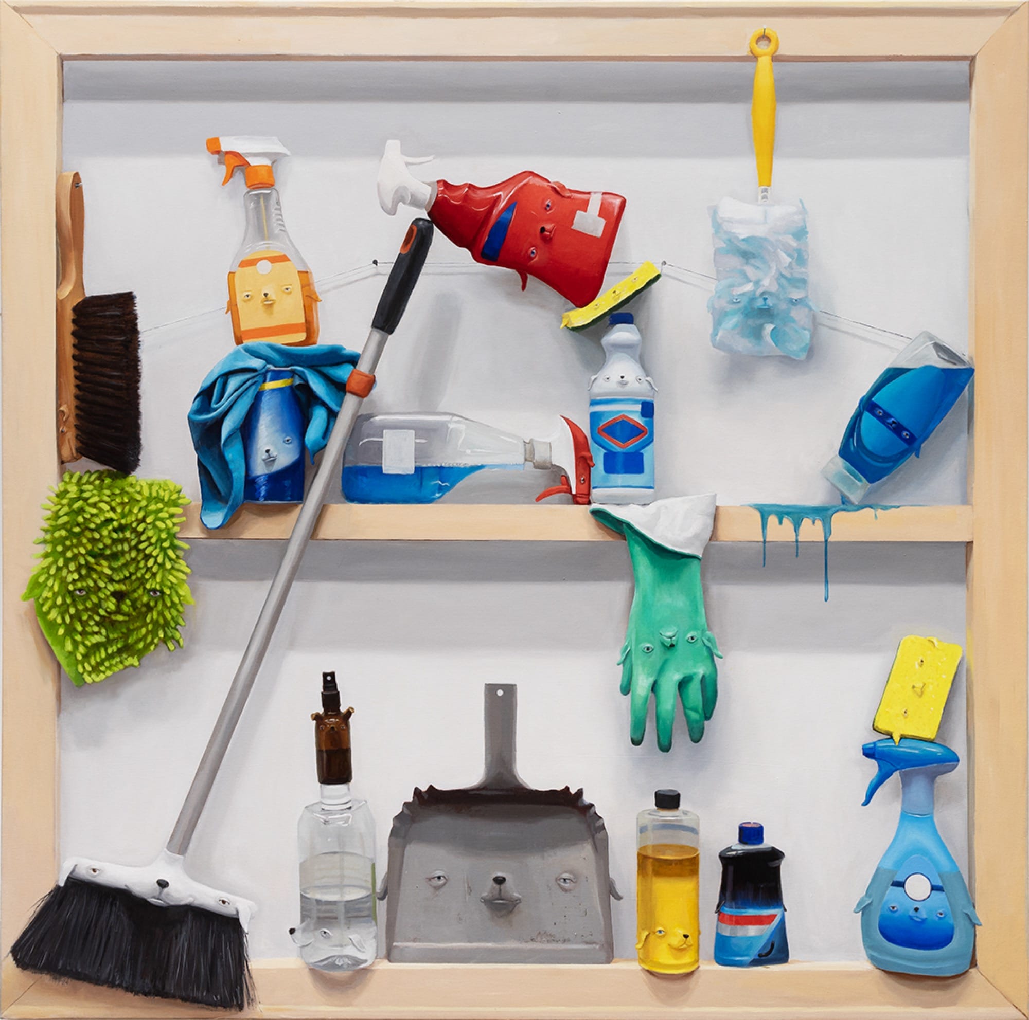 a trompe-l'oeil painting of numerous household items with dogs' faces on them, arranged around the stretcher bars of a painting canvas