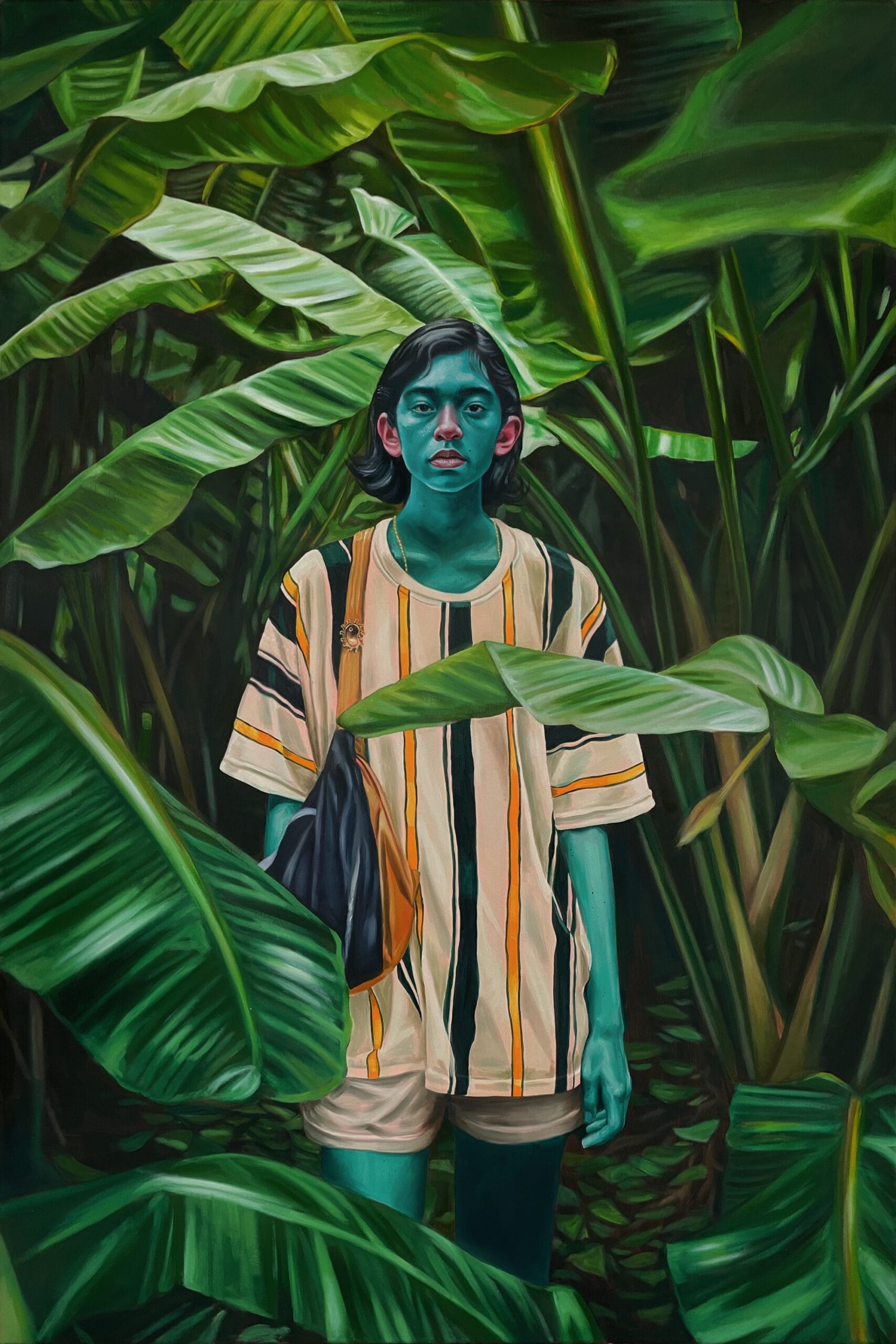 a vertical painting of a figure wearing a striped top, standing amongst tall tropical foliage