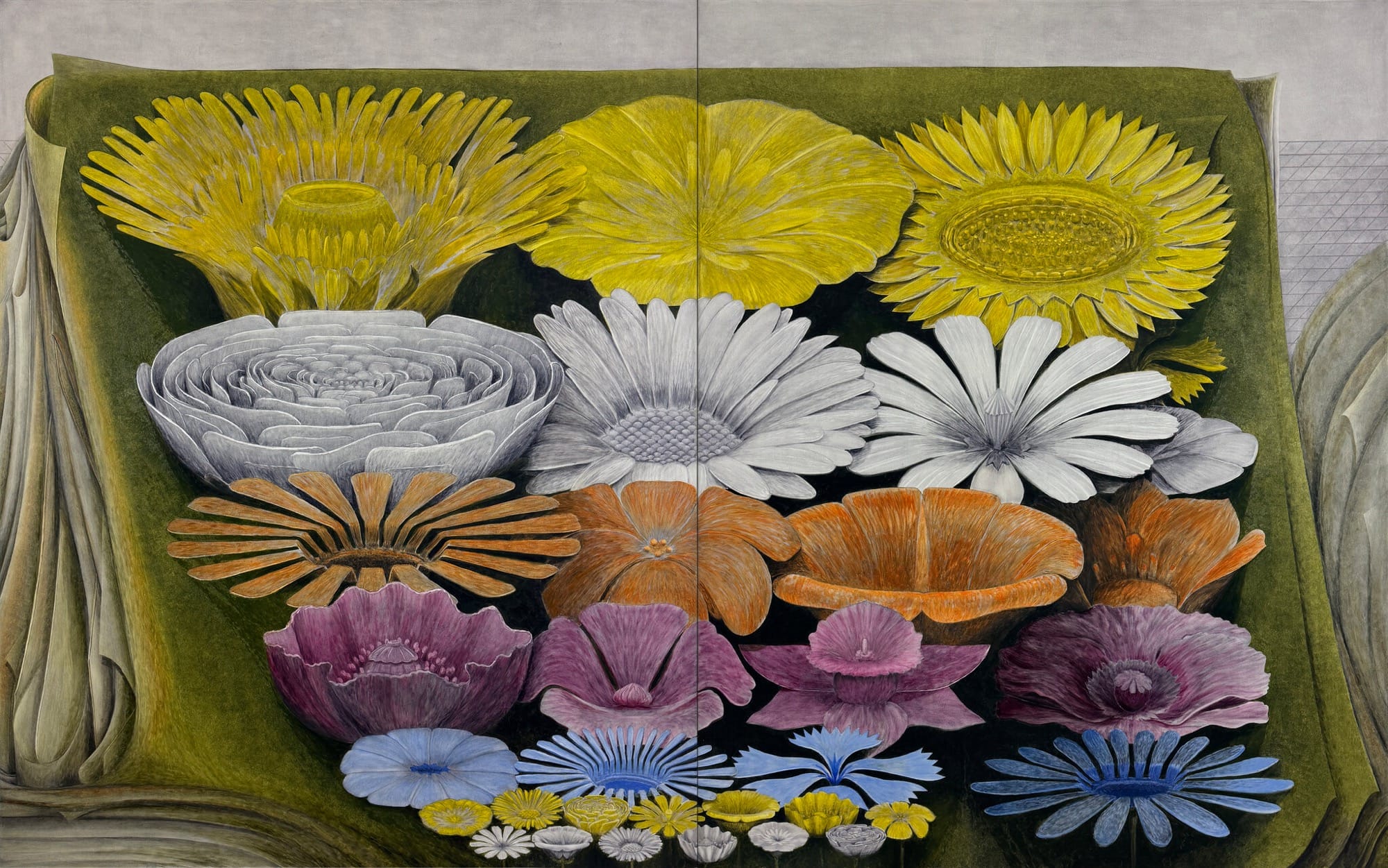 a horizontal diptych painting of yellow, white, orange, pink, blue, and white flowers in a distorted green cloth container
