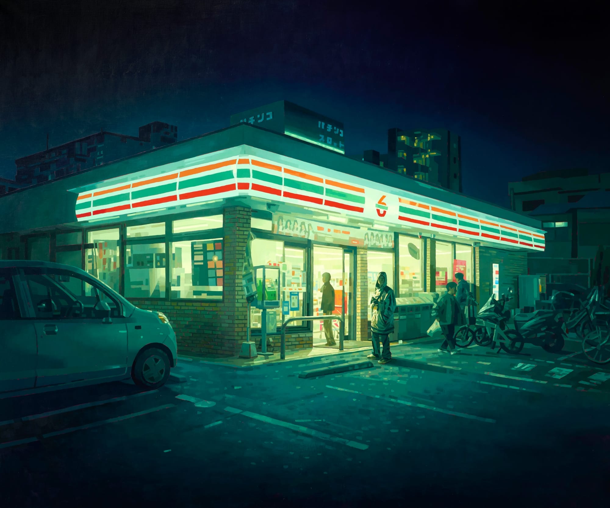 a convenience store glows at night