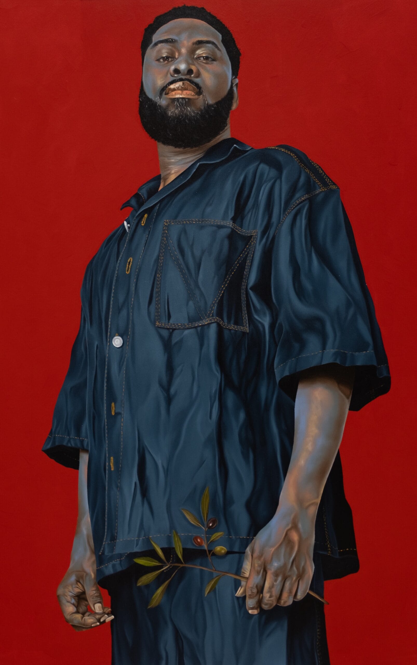 a tall vertical painted portrait of a Black man in a dark button-down shirt, standing in front of a red background, looking slightly downward at the viewer