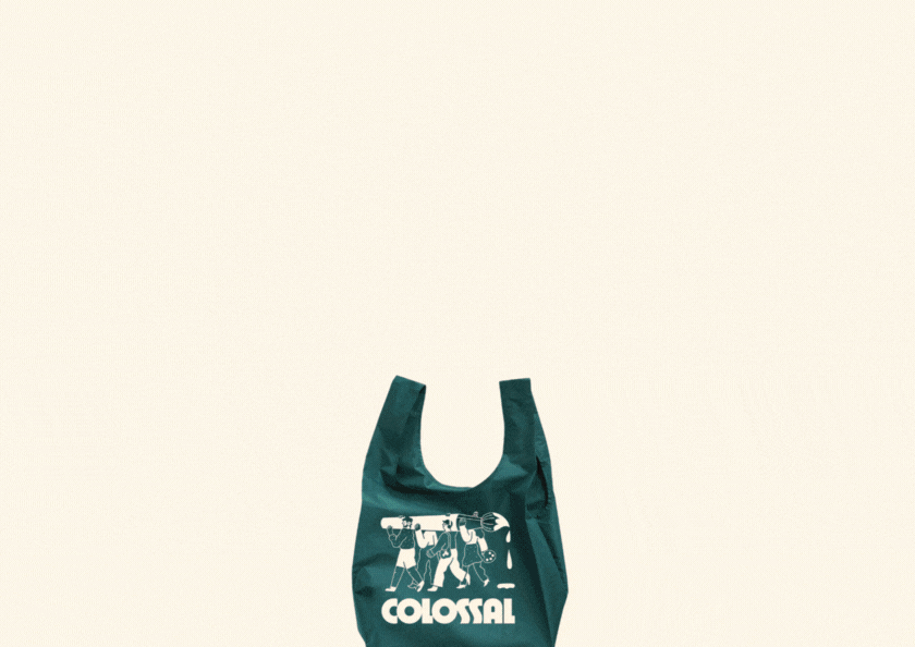 a grid of art book covers emerges from behind a Colossal tote bag in a looping gif