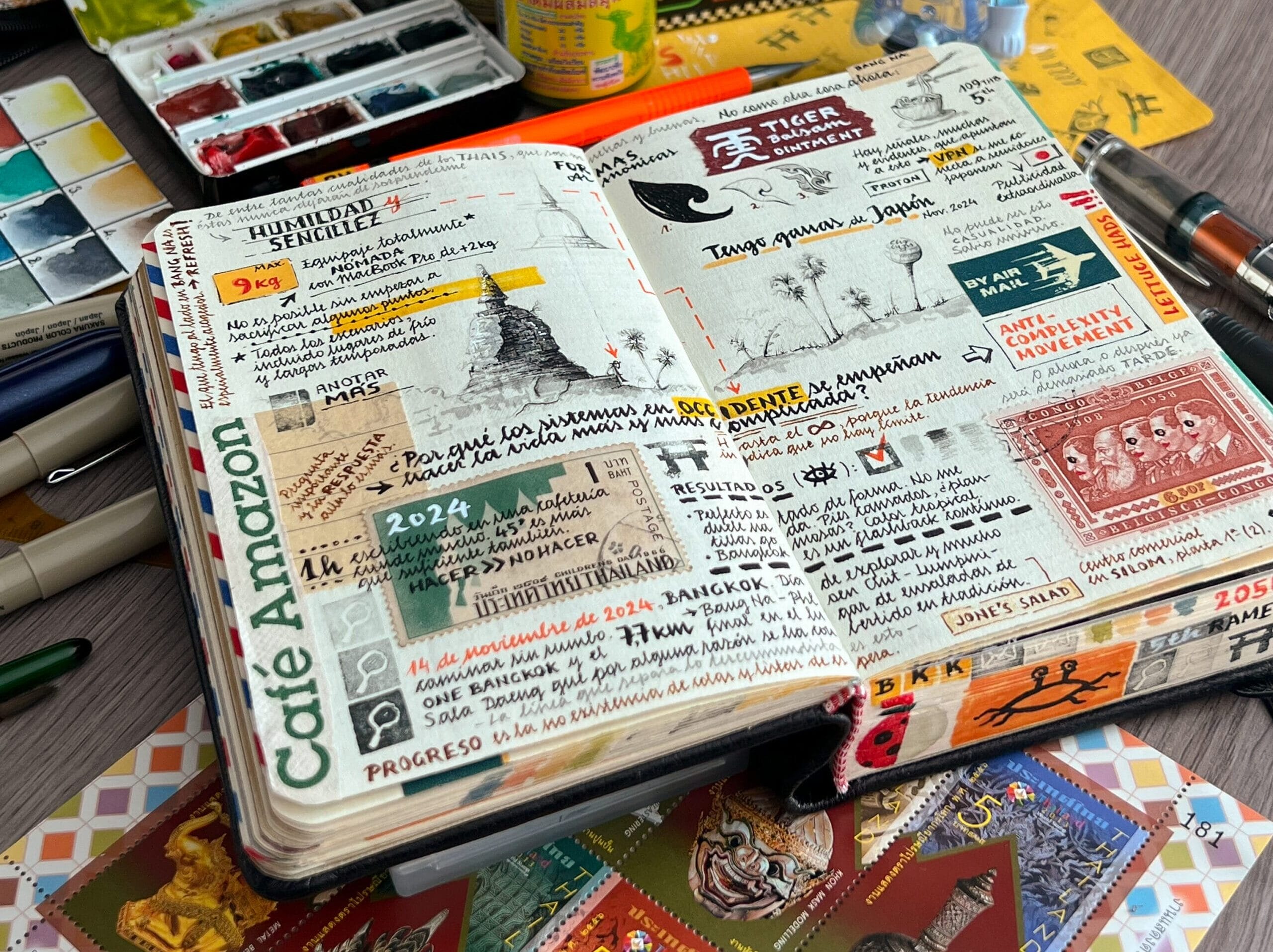 a small sketchbook with elaborately designed travel notes and drawings