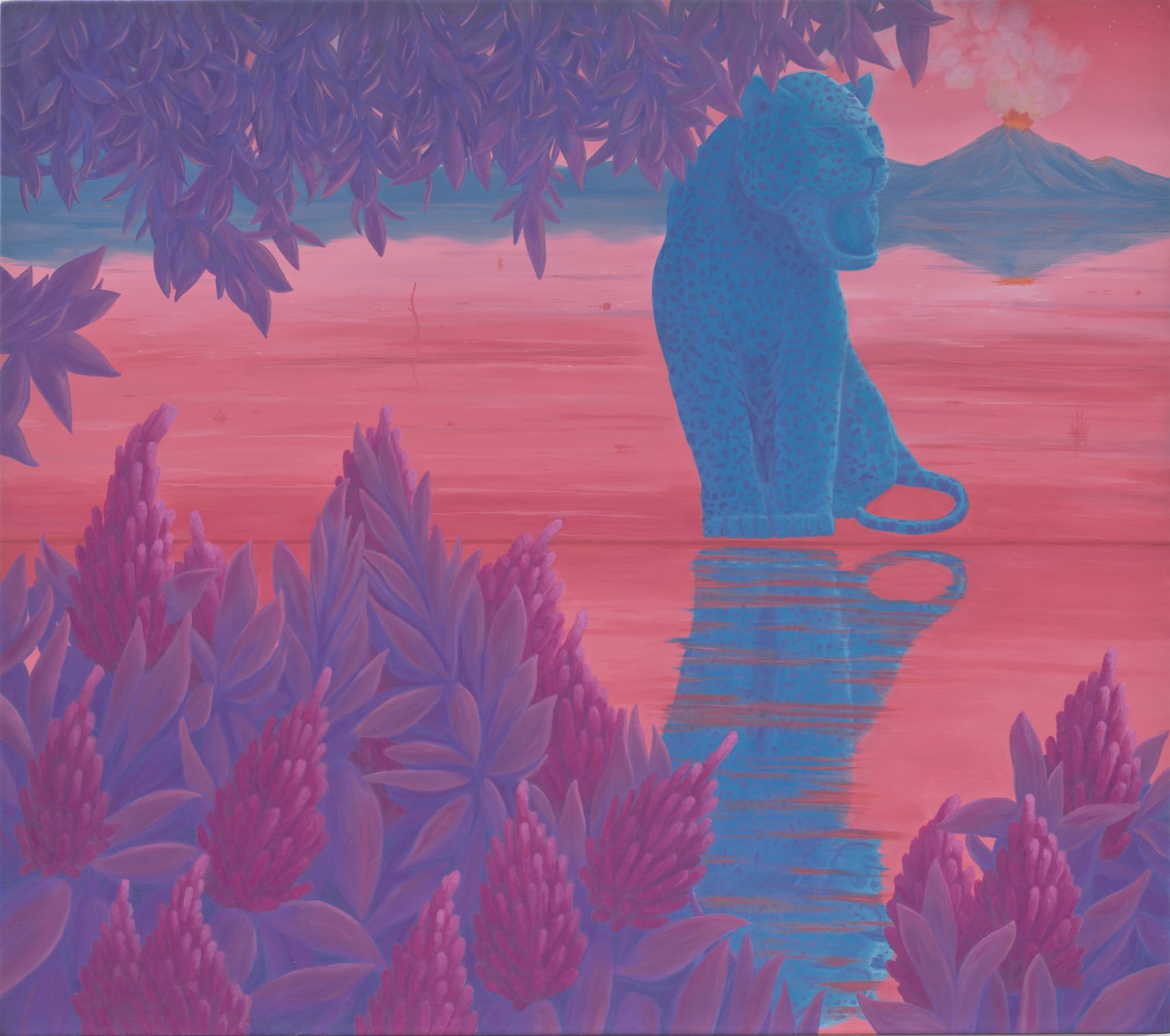 a large cat sits in a body of water in a pink painting