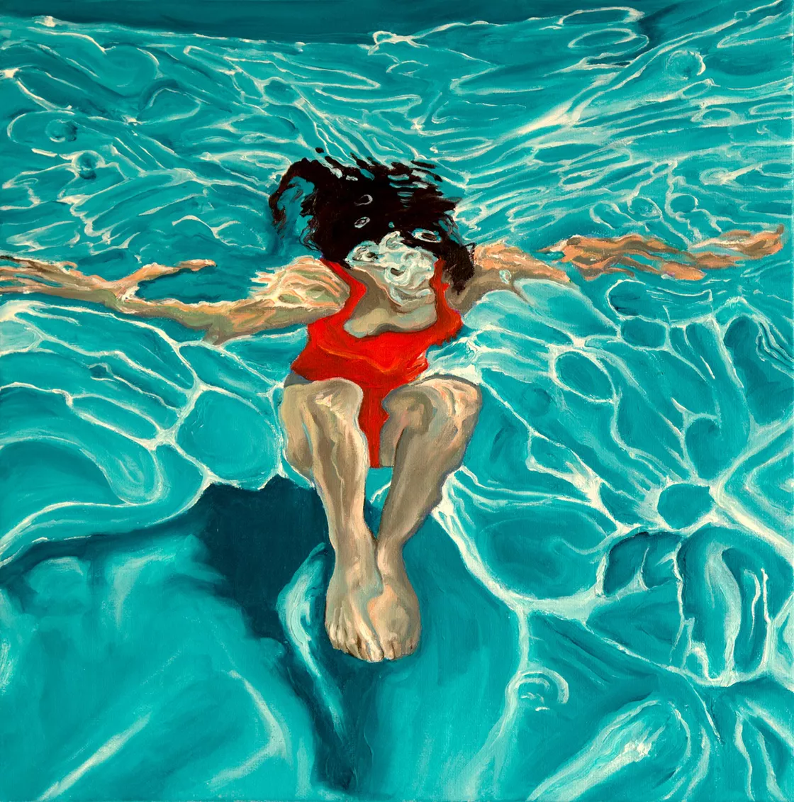 Painting of girl underwater in a pool. Her body and red bathing suit is distorted by the blue water.