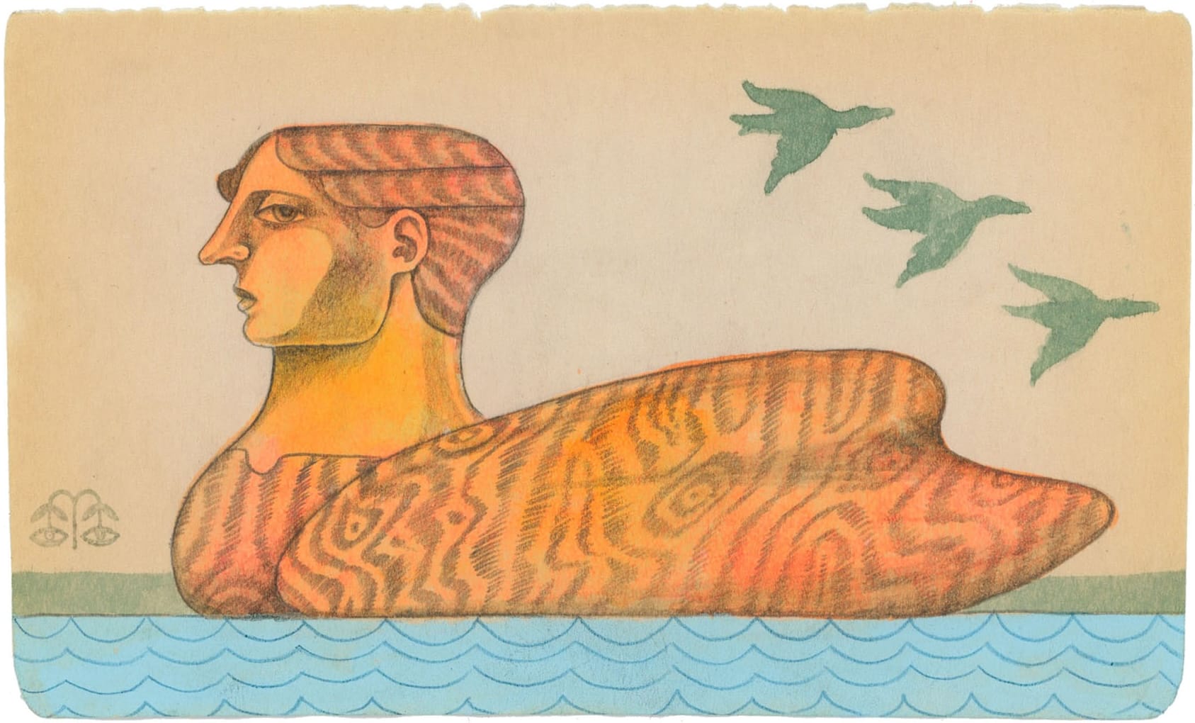 a vintage book page with an illustration of a human-headed duck floating on water, with three other birds flying in the background