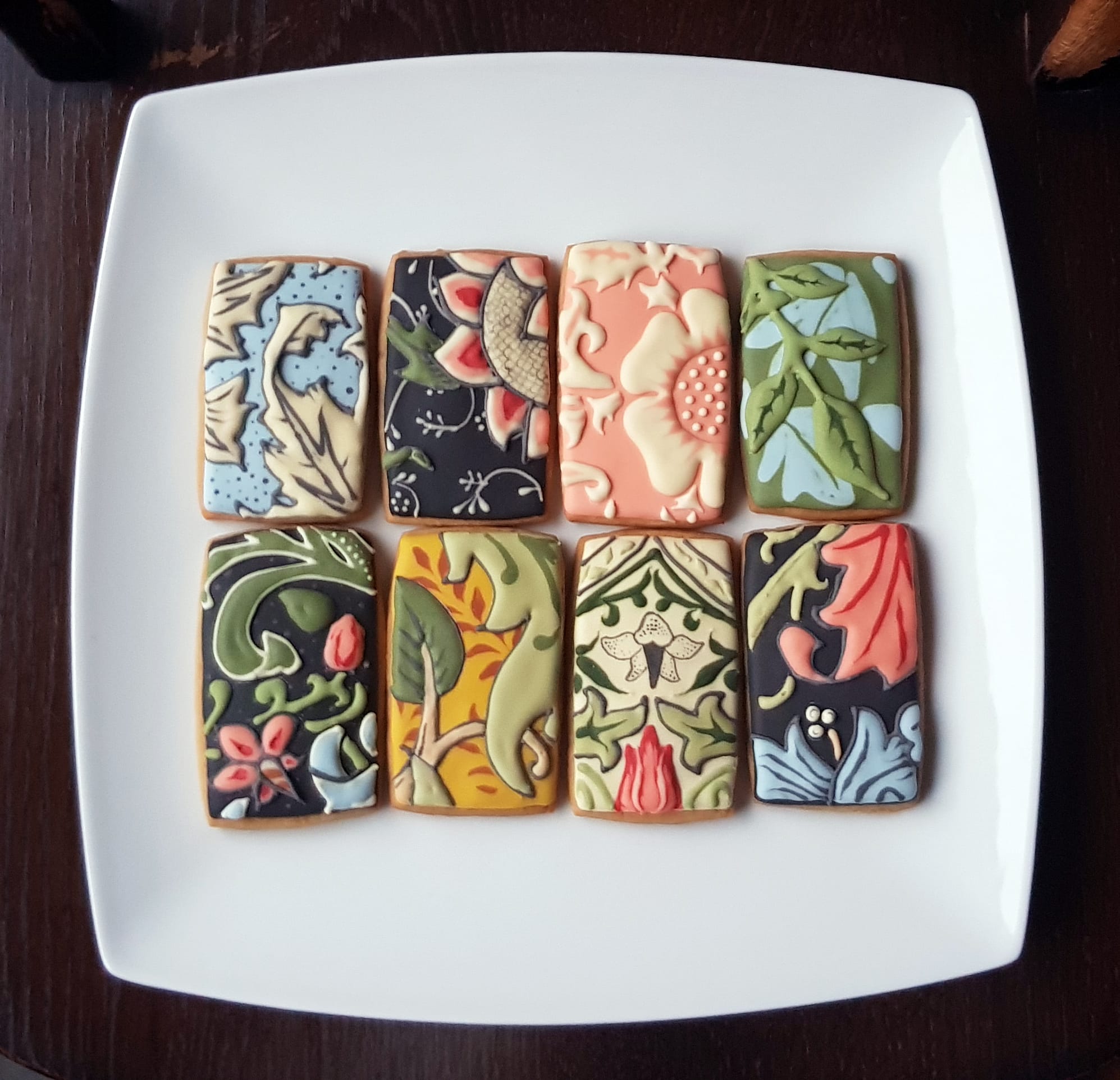 rectangular cookies with william morris colorful floral patterns