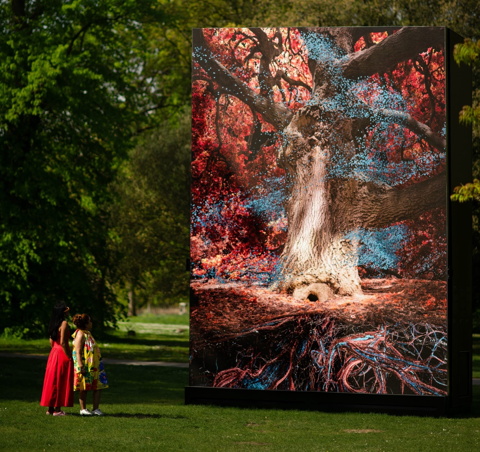 two people look up at a large digital installation of a computer-animated oak tree, set in a botanical garden