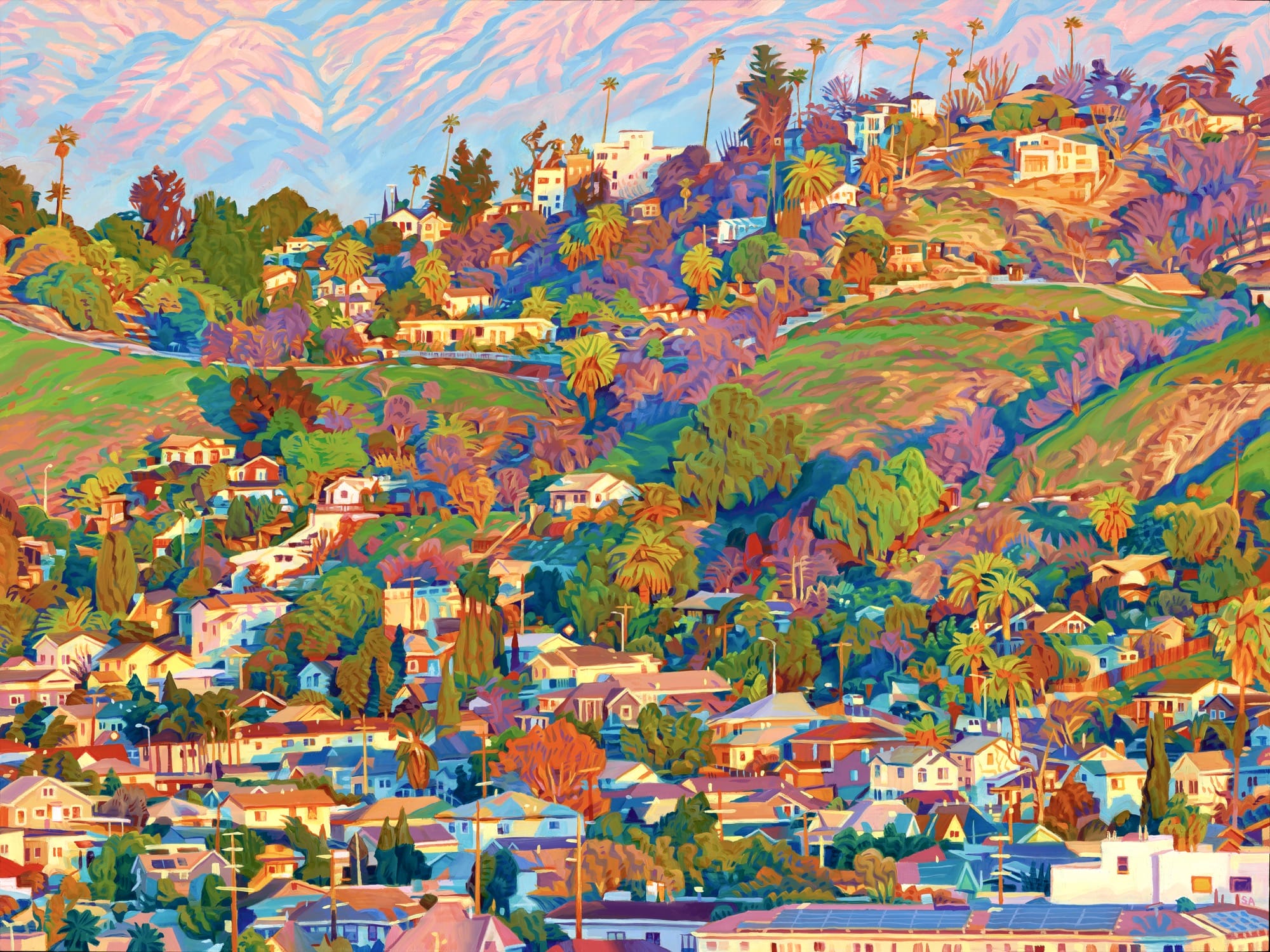 an oil painting of the vibrant Los Angeles hills