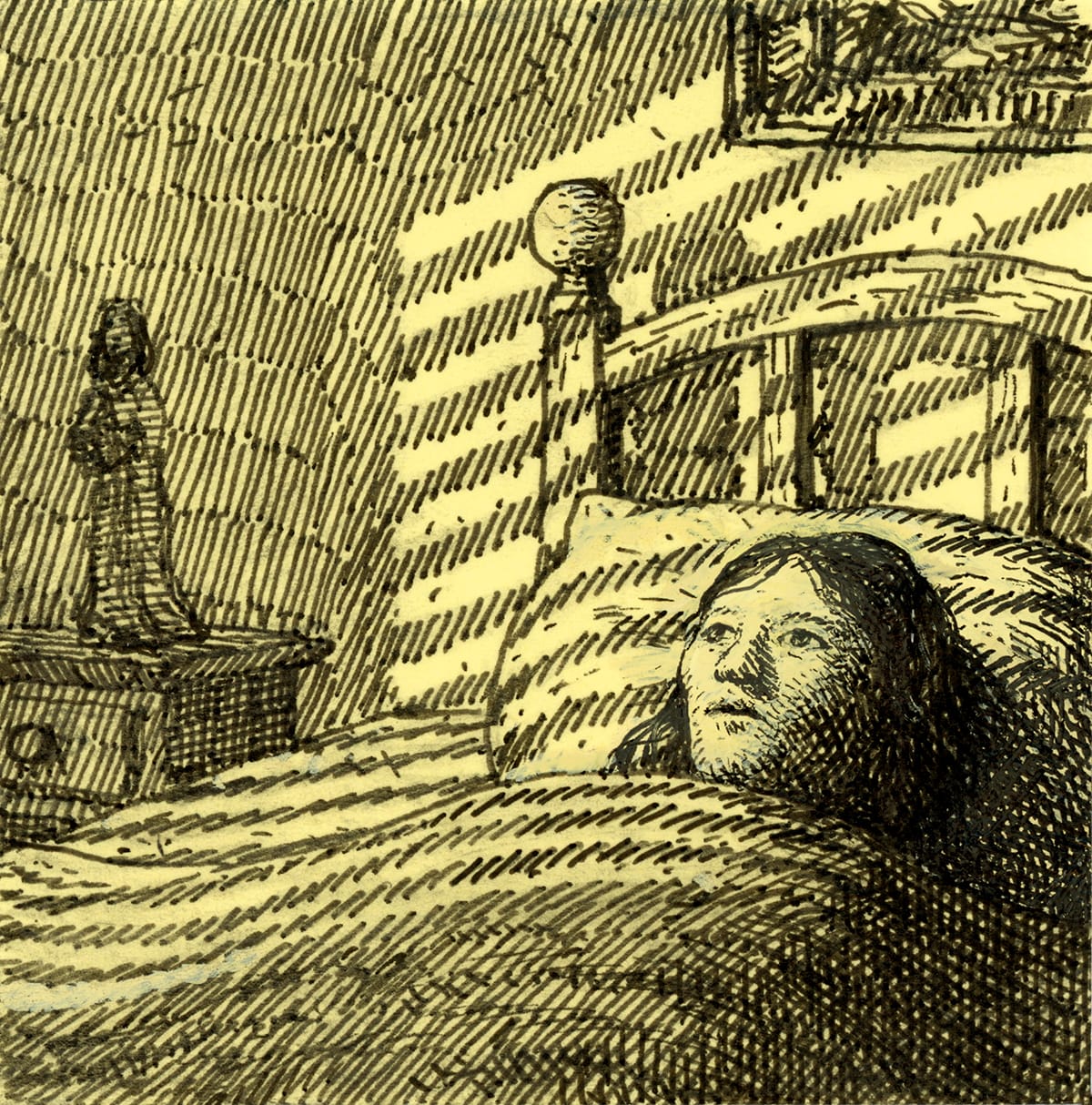 a drawing of a child lying in bed awake on a yellow post it note