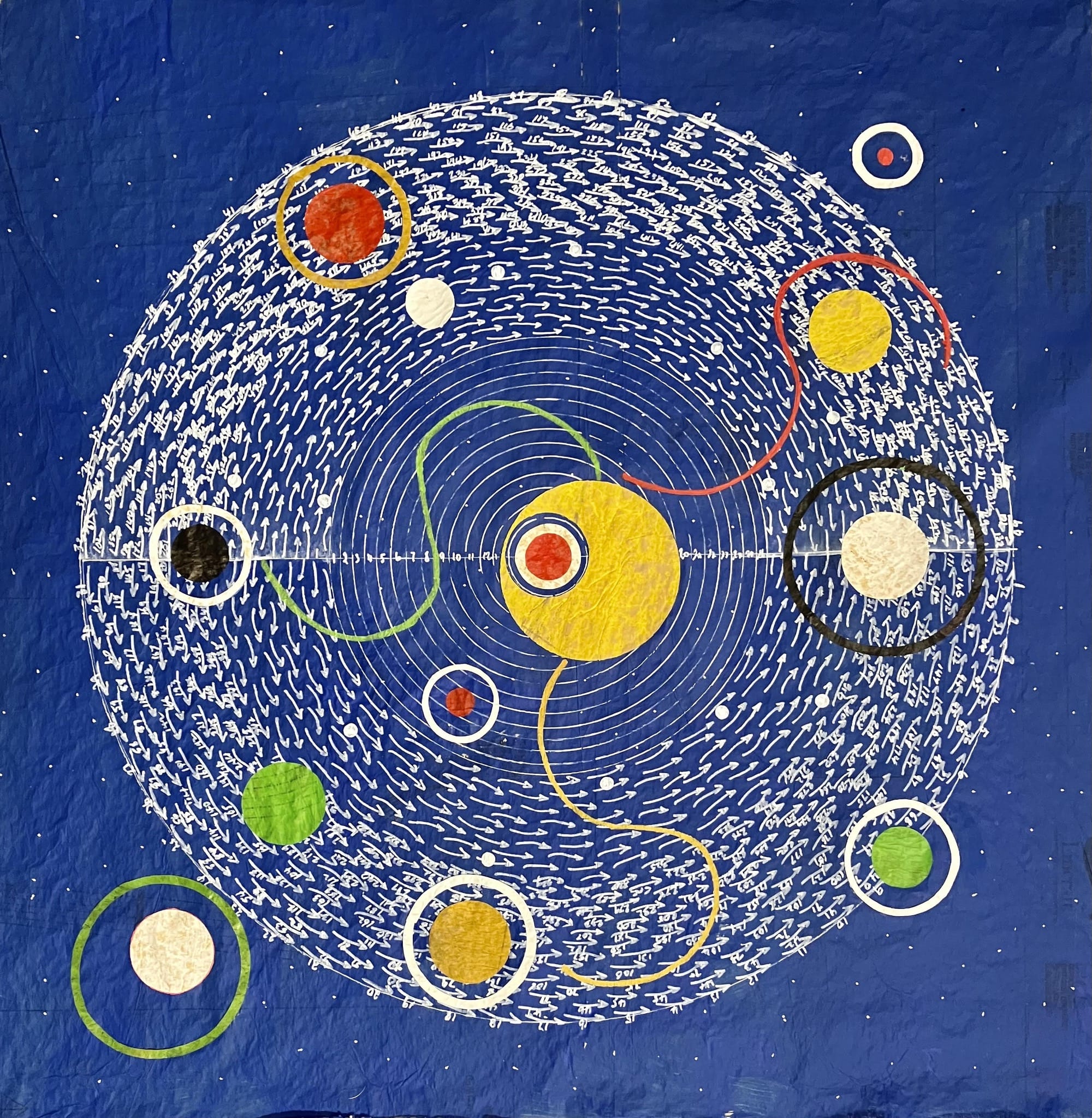 a geometric artwork of colorful circles on a blue background
