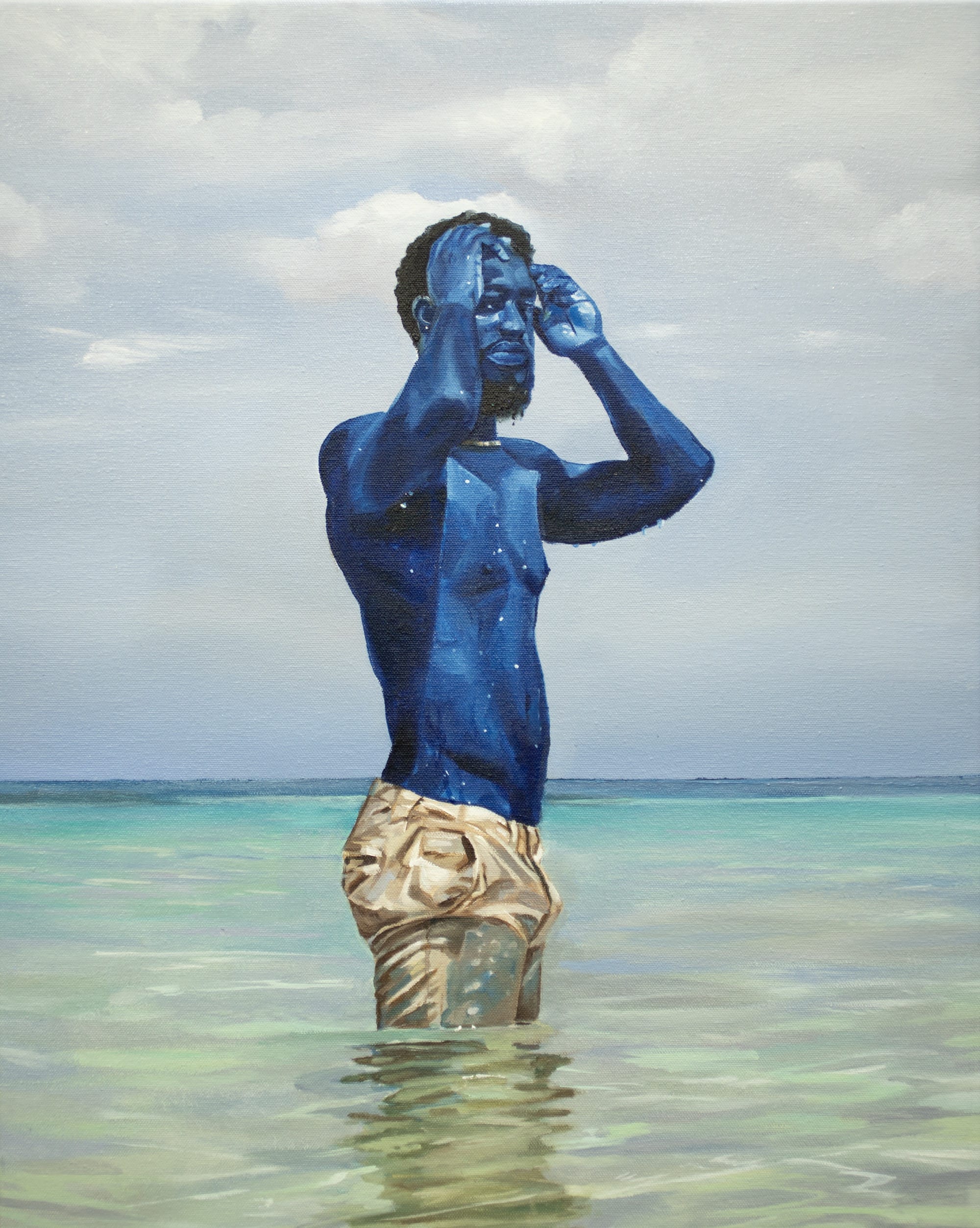 a portrait of a shirtless man with blue skin standing in a body of water